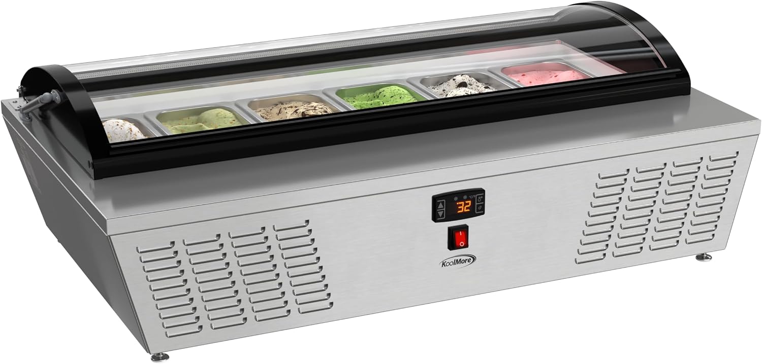 KoolMore KM-CGDR-6P 45 in. 6-Pan Countertop Ice Cream Display Freezer with Curved Glass Top, ETL Listed