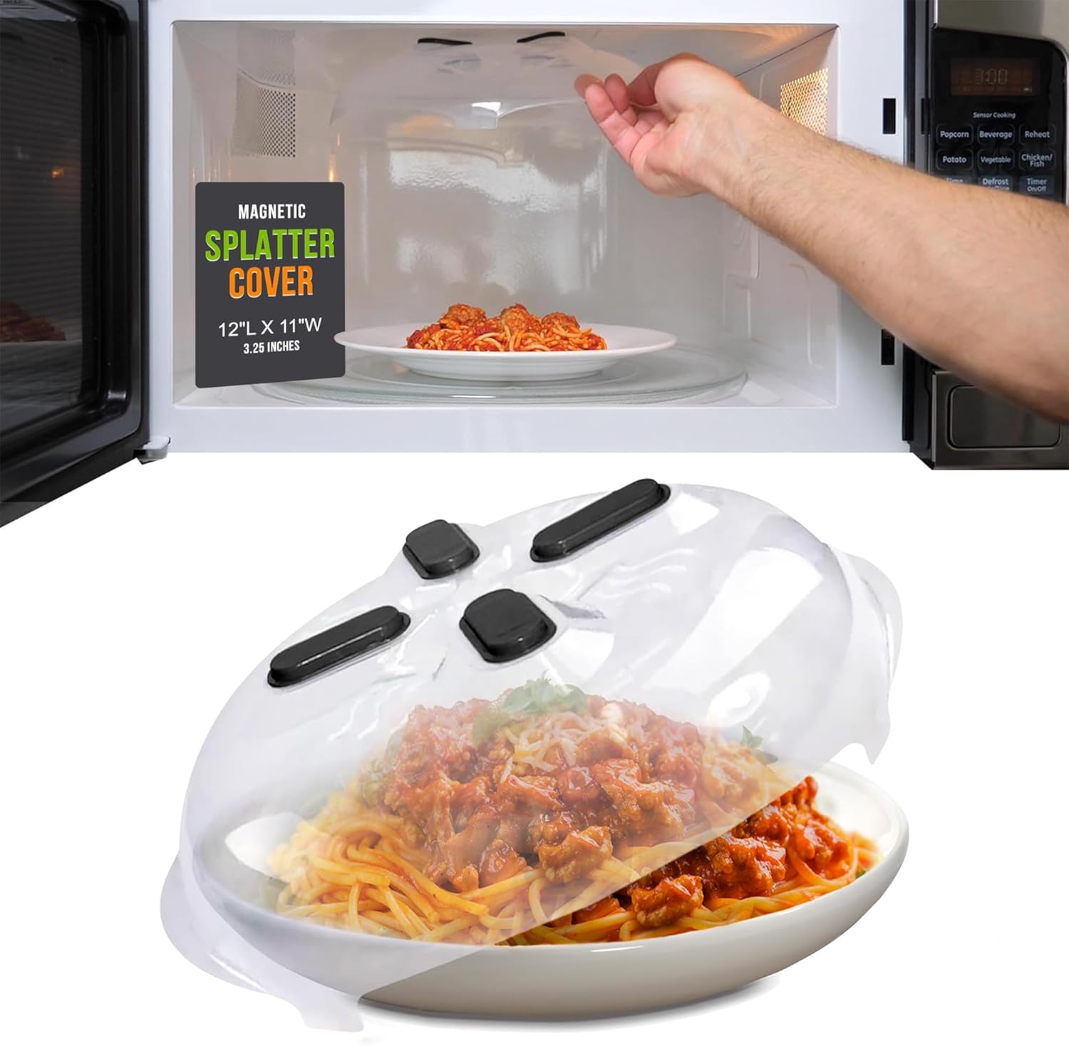 Hover Cover Magnetic Splatter Cover, 12-Inch Clear BPA-Free Food Lid, Vented Plate Guard with Steam Vents, Anti-Splash Microwave Lid, Dishwasher Safe, Space-Saving Magnetic Storage - Onyx