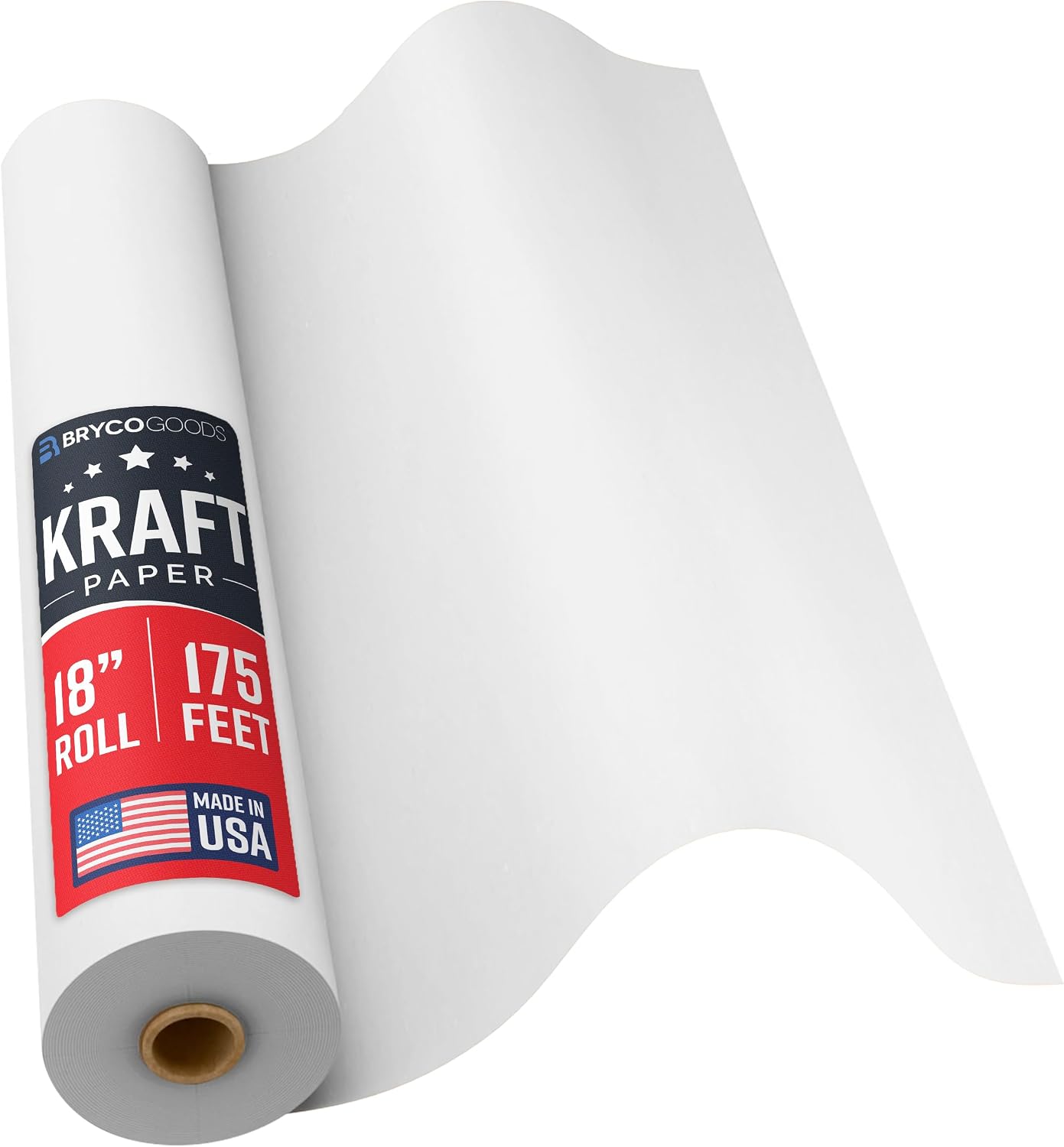 Bryco Goods 18”x2100” (175’) White Kraft Paper Roll for Painting, Drawing, Banner, Bulletin Board, Easel Paper, Floor Covering, Packaging, Shipping, Gift Wrapping, Arts & Crafts – Made in USA