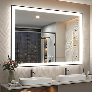 SMIROR 50x40 Black Frame LED Mirrors for Bathroom Wall, Large Lighted Vanity Mirrors, Dimmable, Anti-Fog, Memory, Shatterproof, ETL Listed (Front Lights and Backlit)