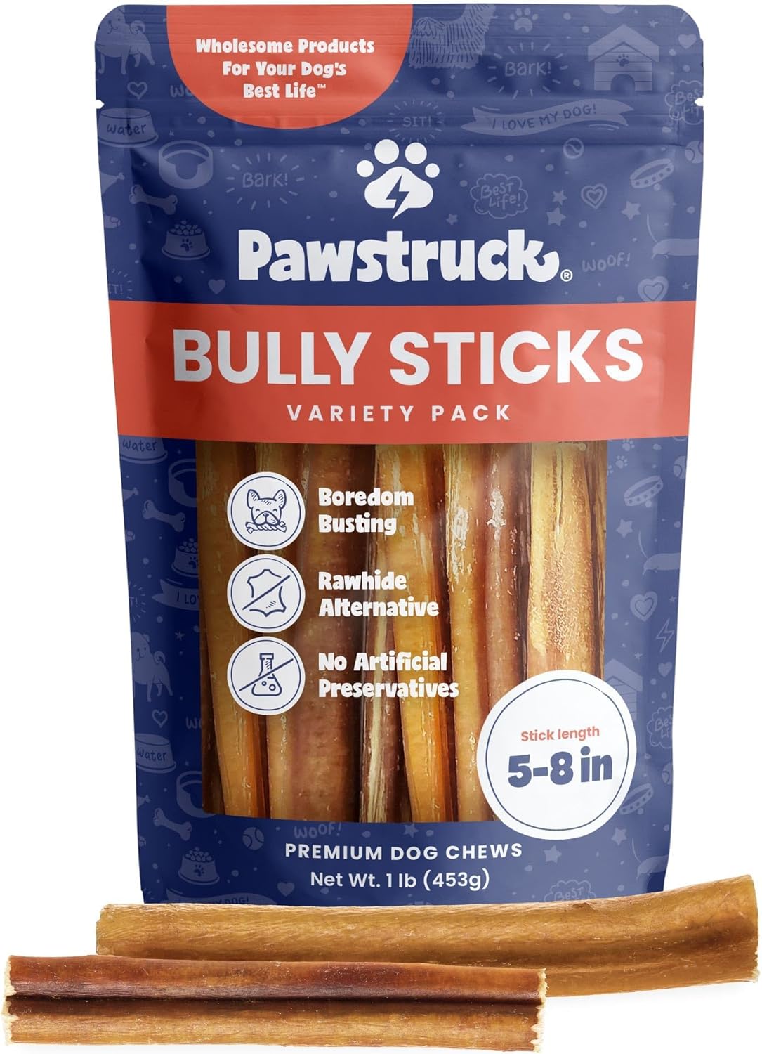 Pawstruck Premium 5-8" Bully Sticks for Dogs, 1 lb Bag - 100% Digestible, Natural Beef, Low Odor, Long-Lasting Chew for Medium & Large Dogs - Single Ingredient, Rawhide-Free Treat