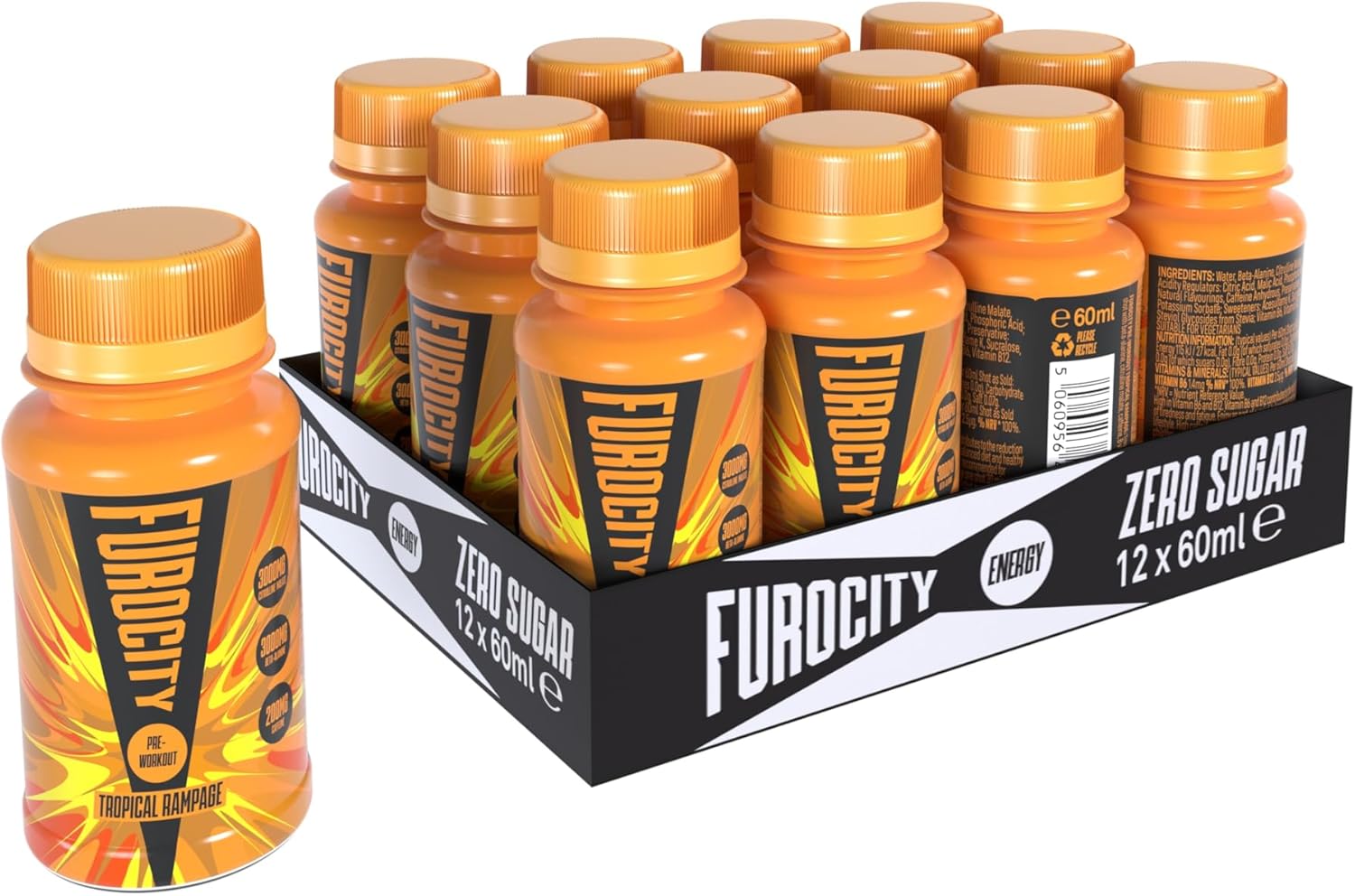 Furocity Ready to Drink Tropical Flavour Pre-Workout Energy Drink Shot, High in Beta Alanine, Citrulline Malate, Vitamin B6 & B12, Caffeine, Increased Energy, Focus & Performance, 12 x 80ml shots