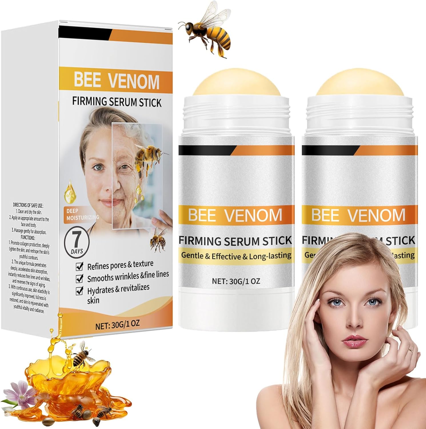 Bee Venom Firming Serum Stick, Anti-Aging Face Cream, Lifting & Restoring Skin Elasticity, Lifts and Tightens the Skin, Hydrating, Bee Venom Body Tightening Cream for Women & Men, 2PCS
