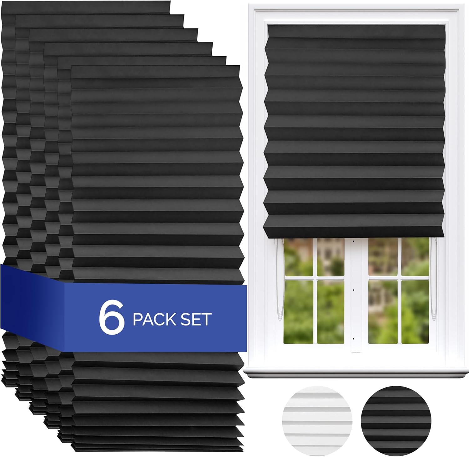 Thermal Blackout Temporary Blinds - 6 Pack (110g sqm) | 91.4cm Wider Blind, Easy Stick Up & No Screws | Home Temporary Paper Pleated Blind | Black