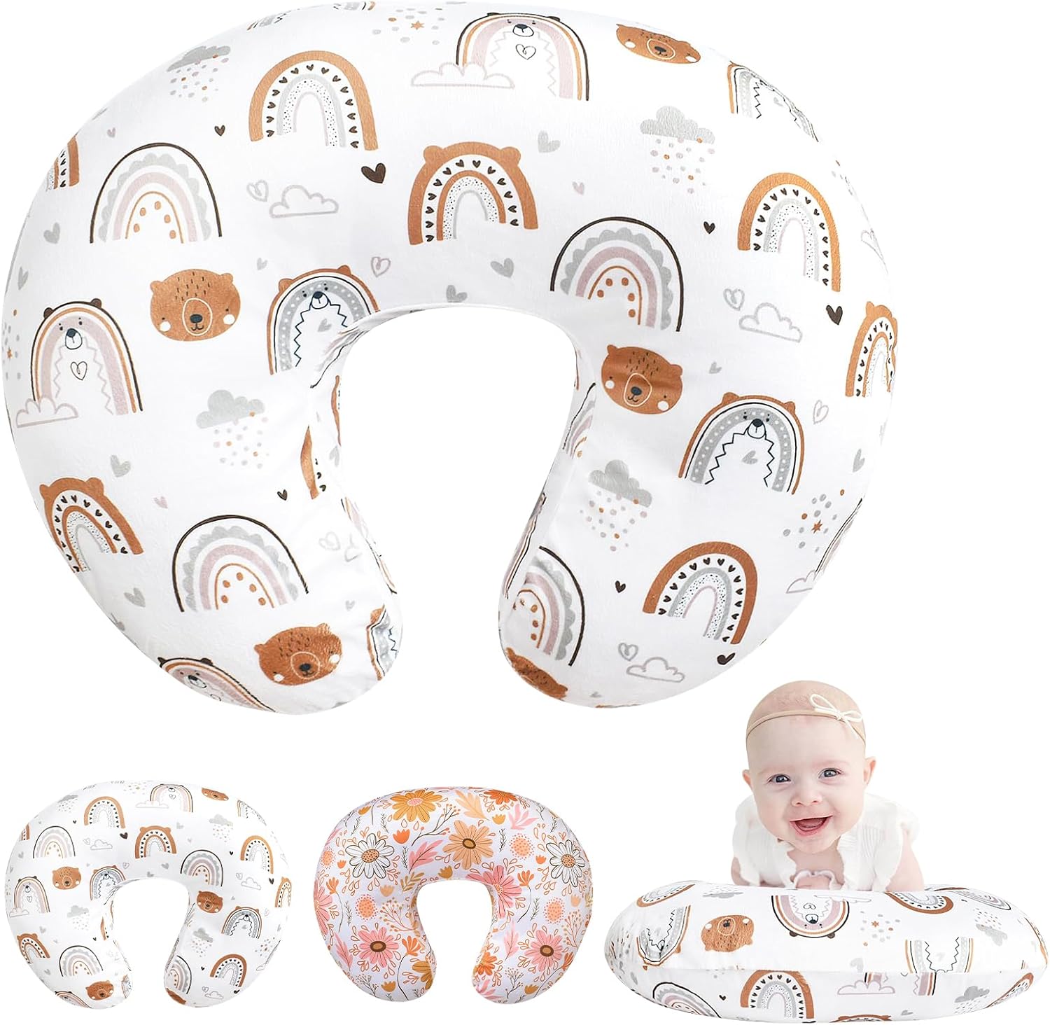 Baby Nursing Pillow Cover for Breastfeeding, Infant Removable Feeding Pillowcase Cute Pattern Newborn Slipcover Cushion Cover for Girls Boys 69 x 52cm (White)