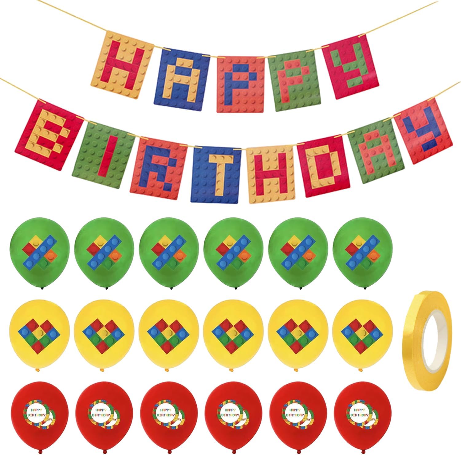 JTMKYO 1 Building Block Theme Pull Flag with 18 Latex Balloons and 1 Roll of Ribbon, Party Decoration Supplies, Block Theme Set, Happy Birthday Banner, Suitable for Indoor, Outdoor, 300cm