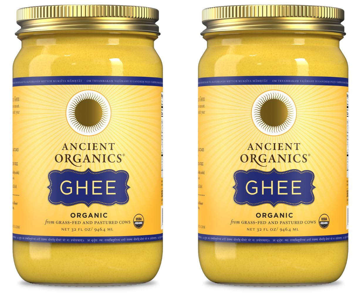 Ancient Organics Ghee - Gluten-Free Grass-Fed Clarified Kosher Vegetarian Ghee Butter with Vitamins & Omegas, Non-GMO, Lactose Free, 100% USDA Certified Organic, Made in USA - 32 Fl Oz 2-Pack