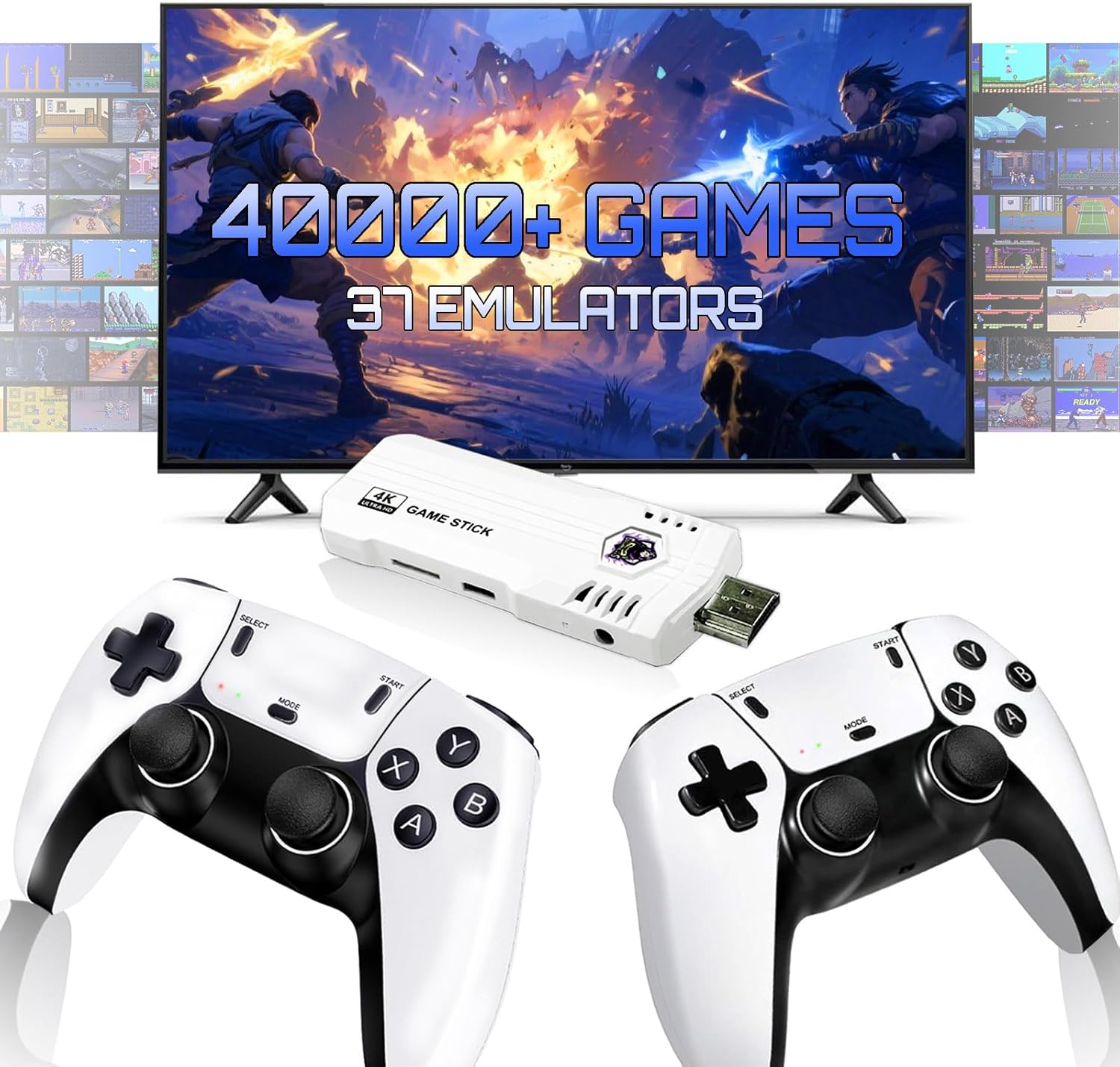 Upgrade Retro Game Stick Pro, Wireless Retro Gaming Console with 40000+ Games, Built-in 38 Game Emulators, Plug and Play Video Games for TV, 4K, Retro Game Console with Dual 2.4G Controllers (64G)