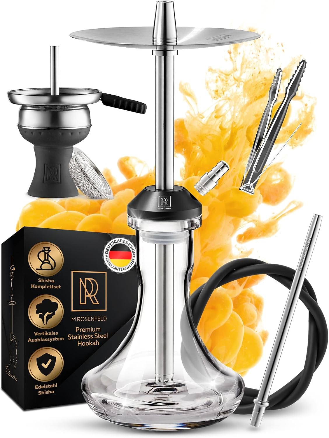 M. ROSENFELD Shisha Pipe Set Stainless Steel Complete Travel Shisha with Accessories - Hookah Pipe Set including 150 cm Shisha Hose with Mouthpiece