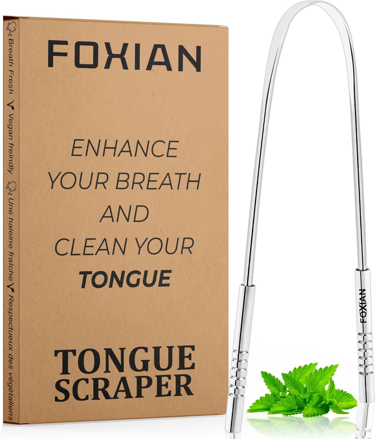 Foxian Tongue Scraper for Oral Health Natural Silver Tongue Cleaner Rustproof Use After Toothbrush for Fresh Breath Stainless Steel