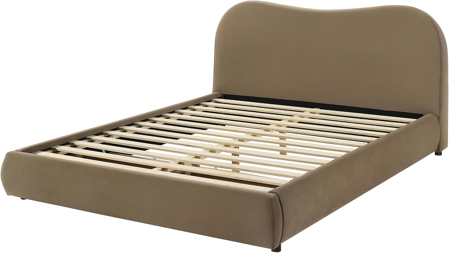 Furniture of America Lunaria Modern Velvet Platform Bed with Fully Upholstered, Curved Headboard, Built-in Footboard Drawer, No Box Spring Needed for Bedroom, Guest Room, King, Brown