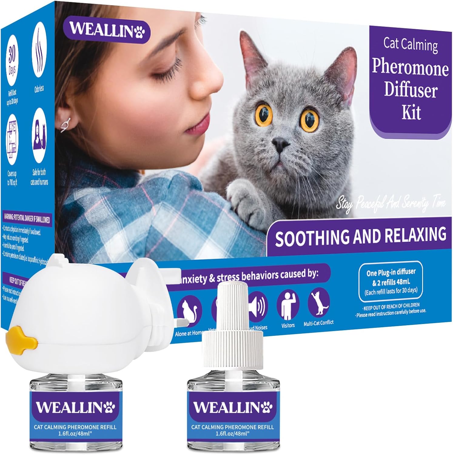 WEALLIN Cat Calming Plug-in - Cat Pheromone Diffuser Relieve Anxiety & Stress - 3-in-1 Cat Pheromones Calming Diffuser Kit with 1 Diffuser + 2 refill 48ml Vial - 60 Days of Comfort and Relaxation