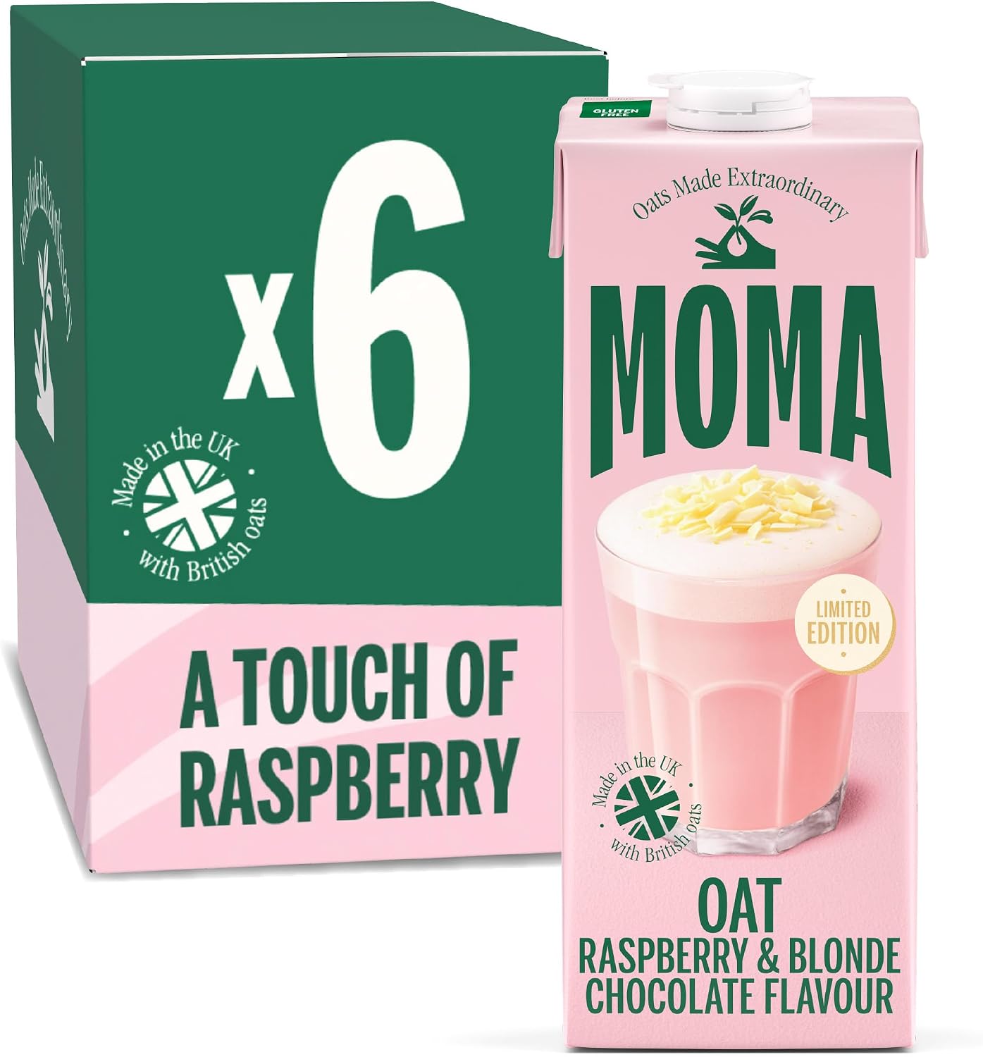 MOMA Raspberry & Blonde Chocolate Oat Drink • 1L x 6 • Vegan & Gluten Free | Limited edition sweet & juicy raspberry & blonde chocolate oat drink. Smooth & creamy, made in the UK with real raspberries.