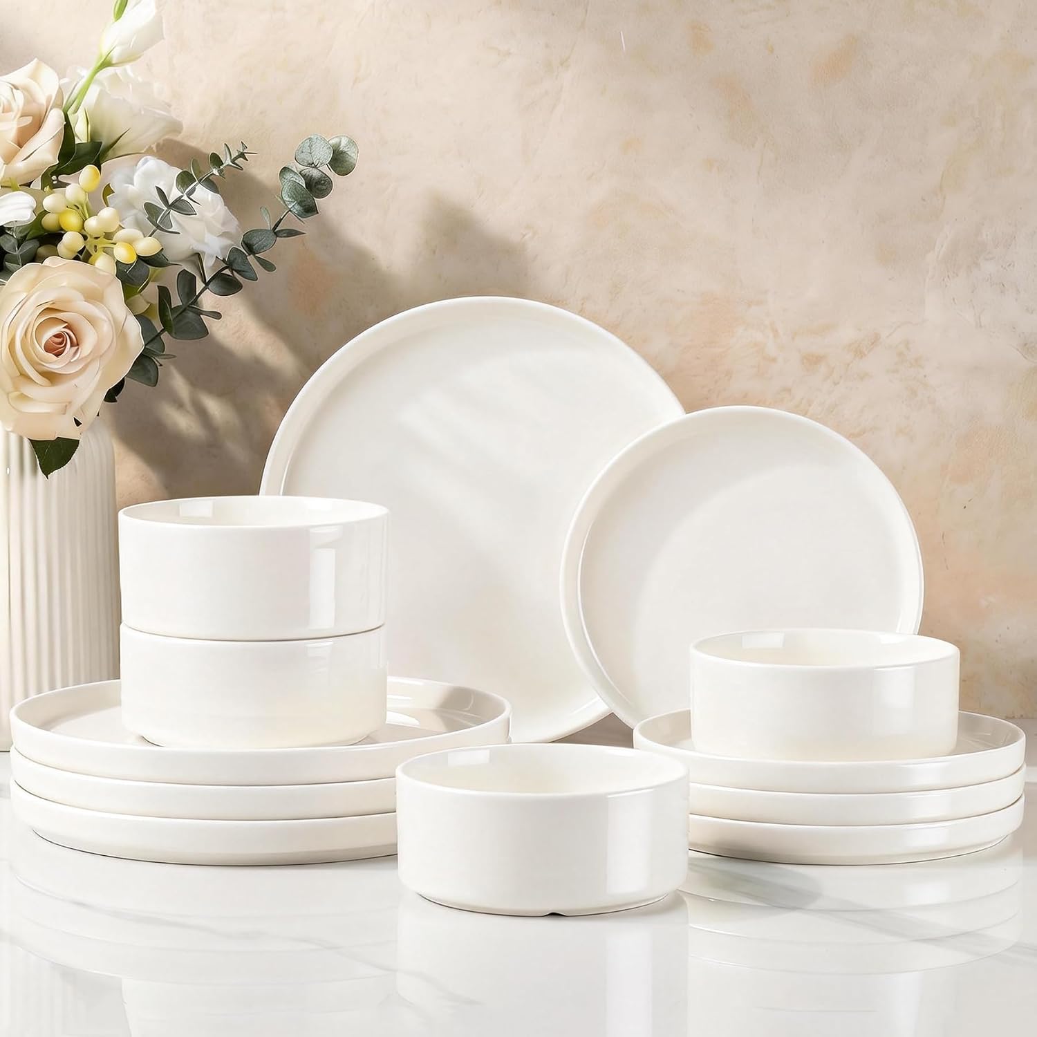 Richmount Dinner Set for 4, 12 Pieces Modern Porcelain Plates and Bowls Set, Dinnerware Sets Chip Resistant, Microwave & Dishwasher Safe, Ceramic Dish Set Service for 4, White