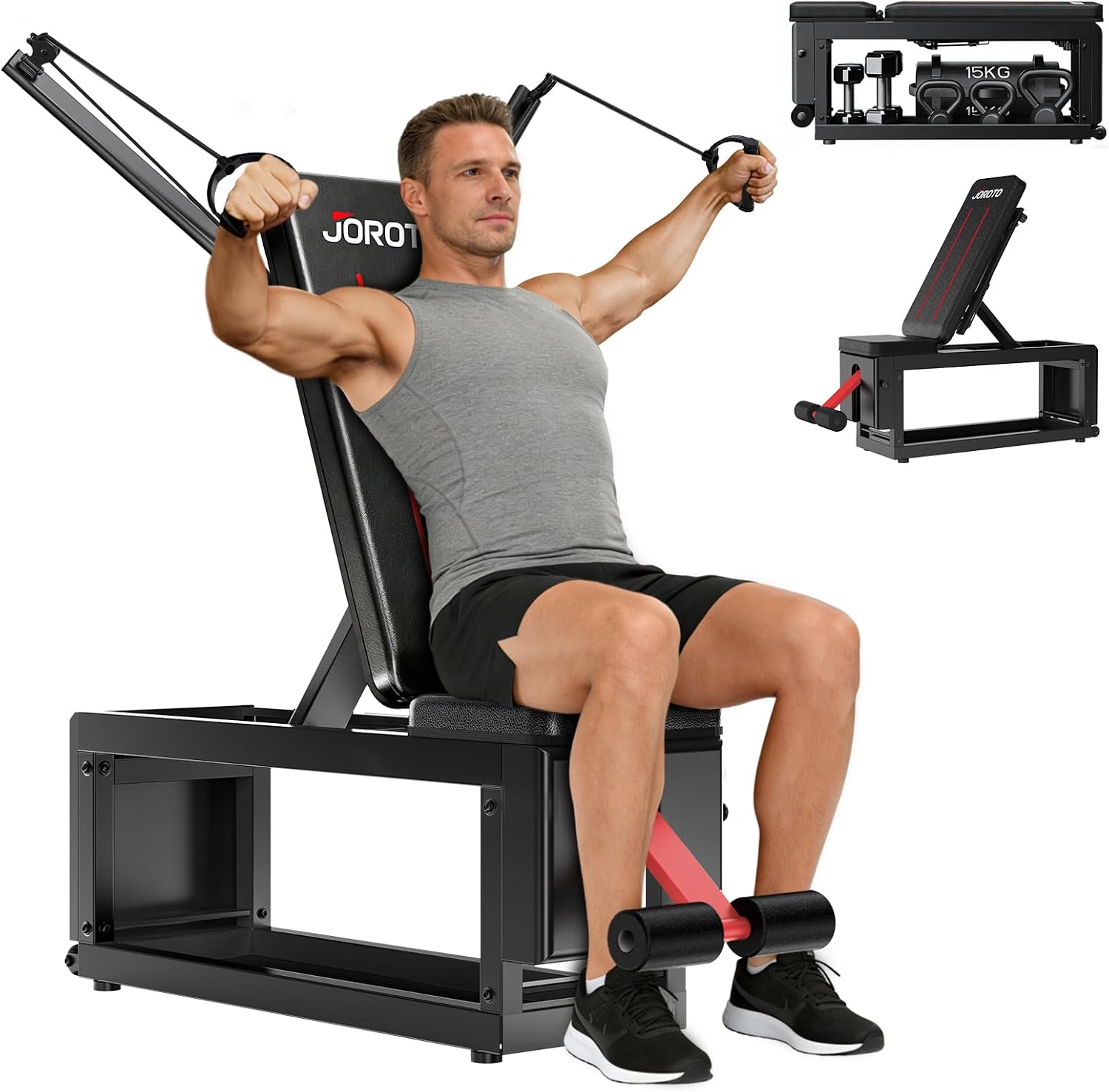 JOROTO MD85 Weight Bench Adjustable Built-in Storage, 990LBS/450KG Capacity Weight Benches, Strength Workout Bench Press with 9 Positions Pulling Arm, 7-Way Backrest for Home Full Body Training