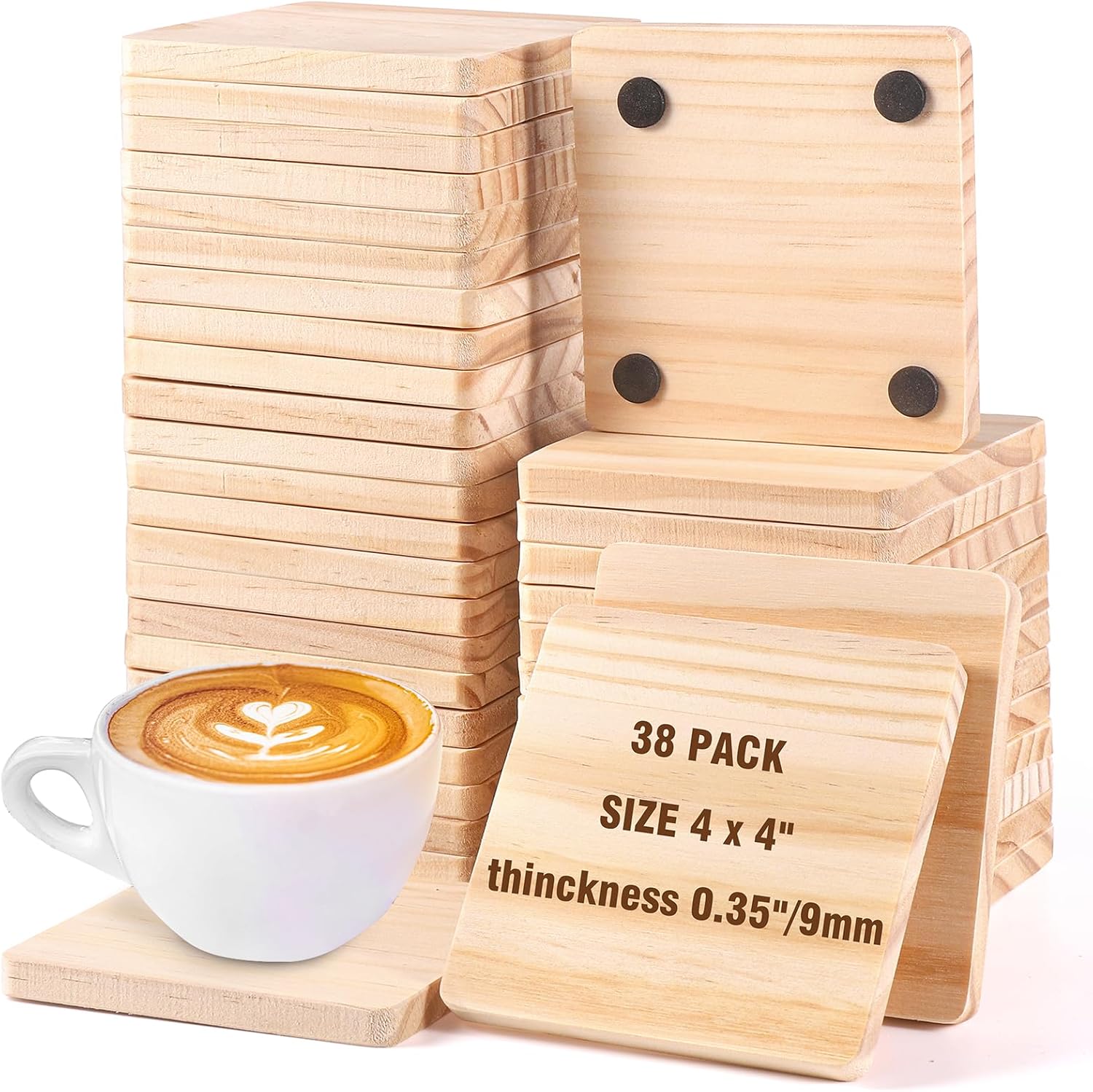 38 Pack Unfinished Wood Coasters - 4 Inch Square Blank Wooden Coasters with Non-Slip Silicon Dots for DIY Crafts, Architectural Models, Drawing, Painting, Wood Engraving