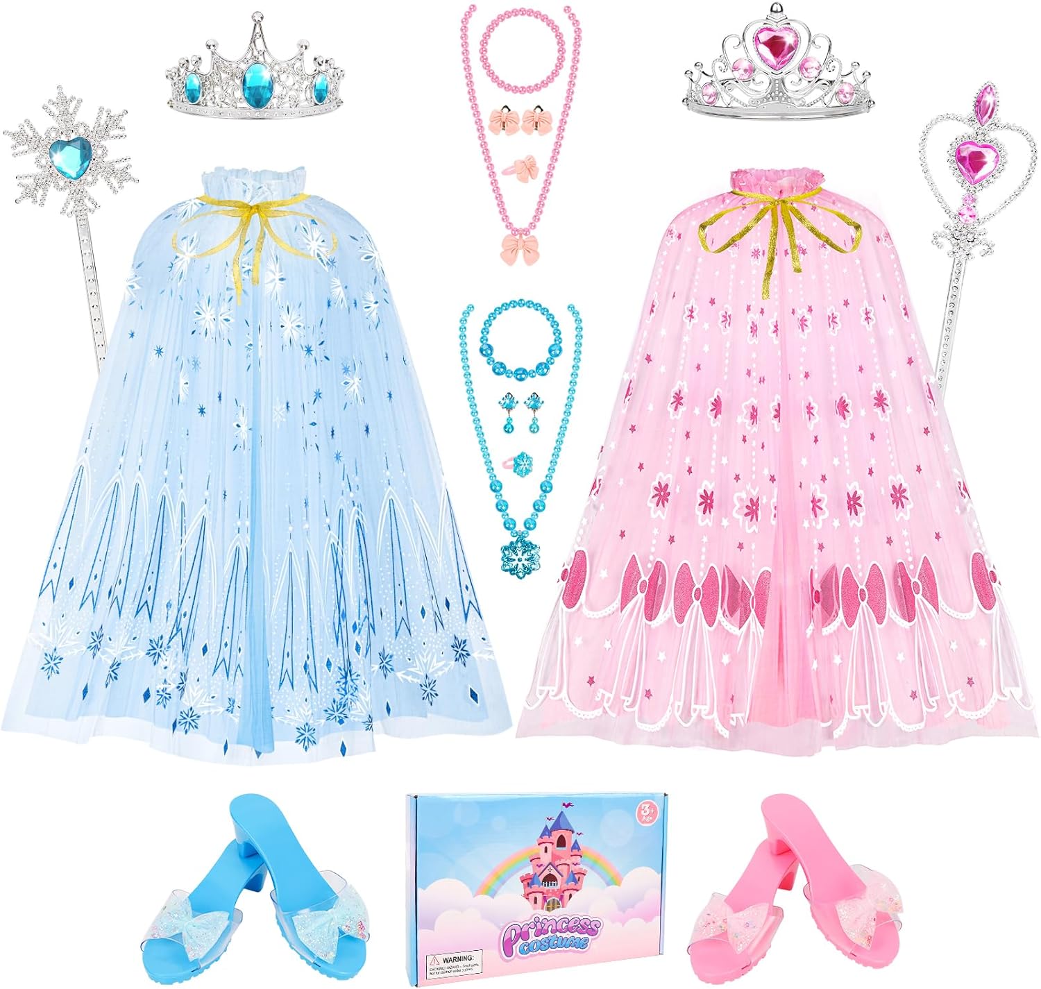 Princess Dress Up Clothes for Little Girls, Princess Costume Set with Cloak, Shoes, Play Jewelry, Princess Toys for Toddler Kids 3 4 5 6 Years Old, Gifts for Birthday Christmas Halloween