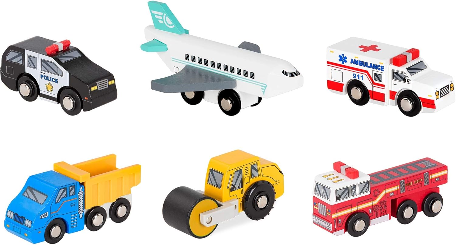 Battat – Miniature Toy Cars – 6Pcs Wooden Minis – Classic Rescue & Construction Vehicles – Steamroller, Dump Truck – 3 Years + – Wooden Vehicles Set 2