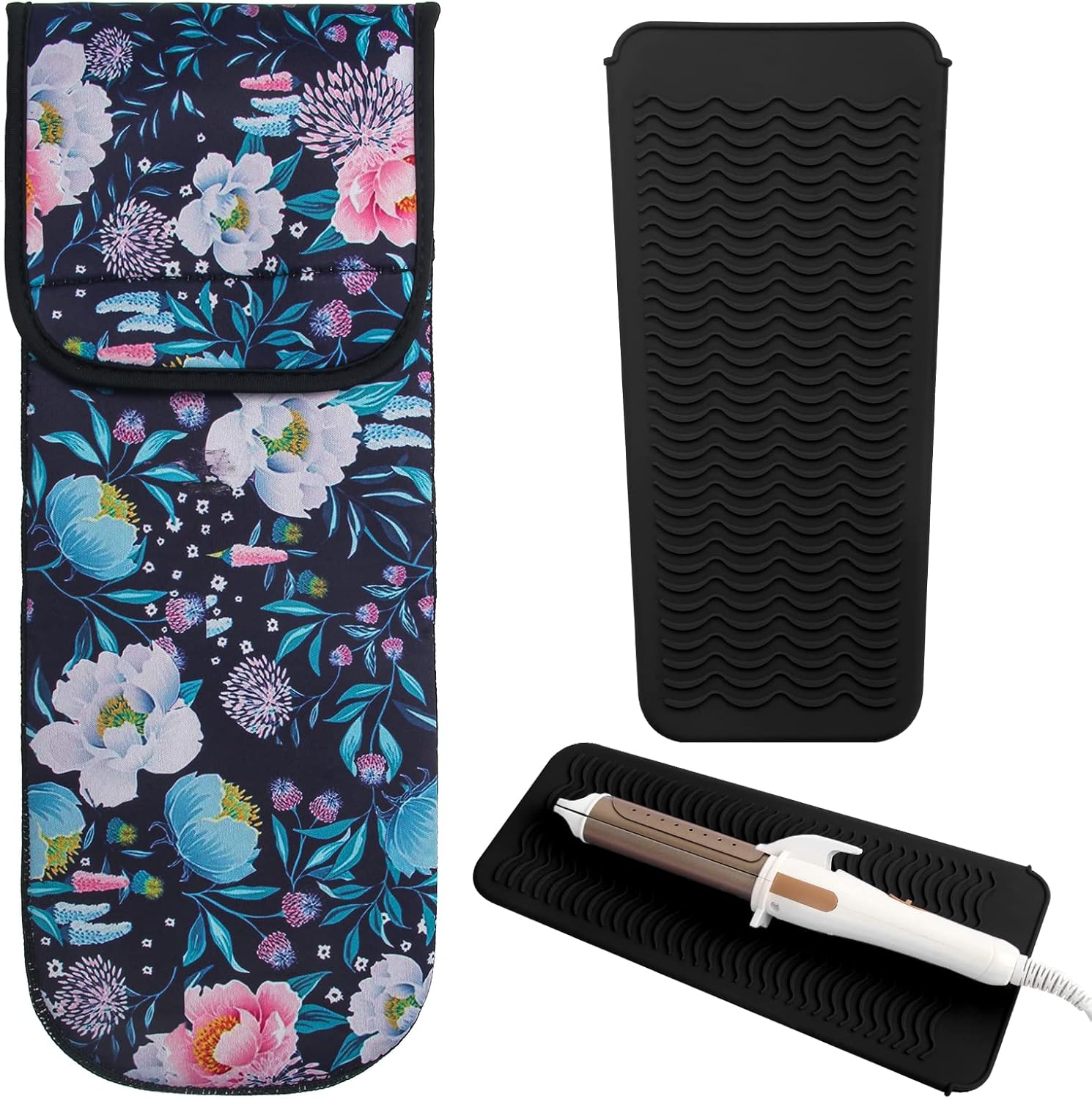 2 PCS Catcan Curling Iron Holder Bag with Silicone Mat - Flower Pattern, Heat Resistant Case for Travel and Daily Use