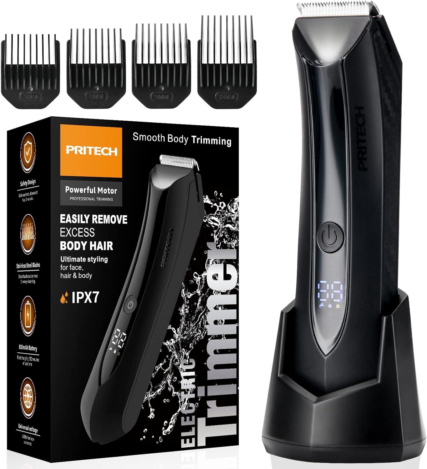 Body Hair Trimmer for Men Pubic Hair Trimmer - Wet/Dry Ball Trimmer with Ceramic Blade, Rechargeable Body Groomer for Men with Standing Recharge Dock, Cordless Groin Hair Trimmer for Men
