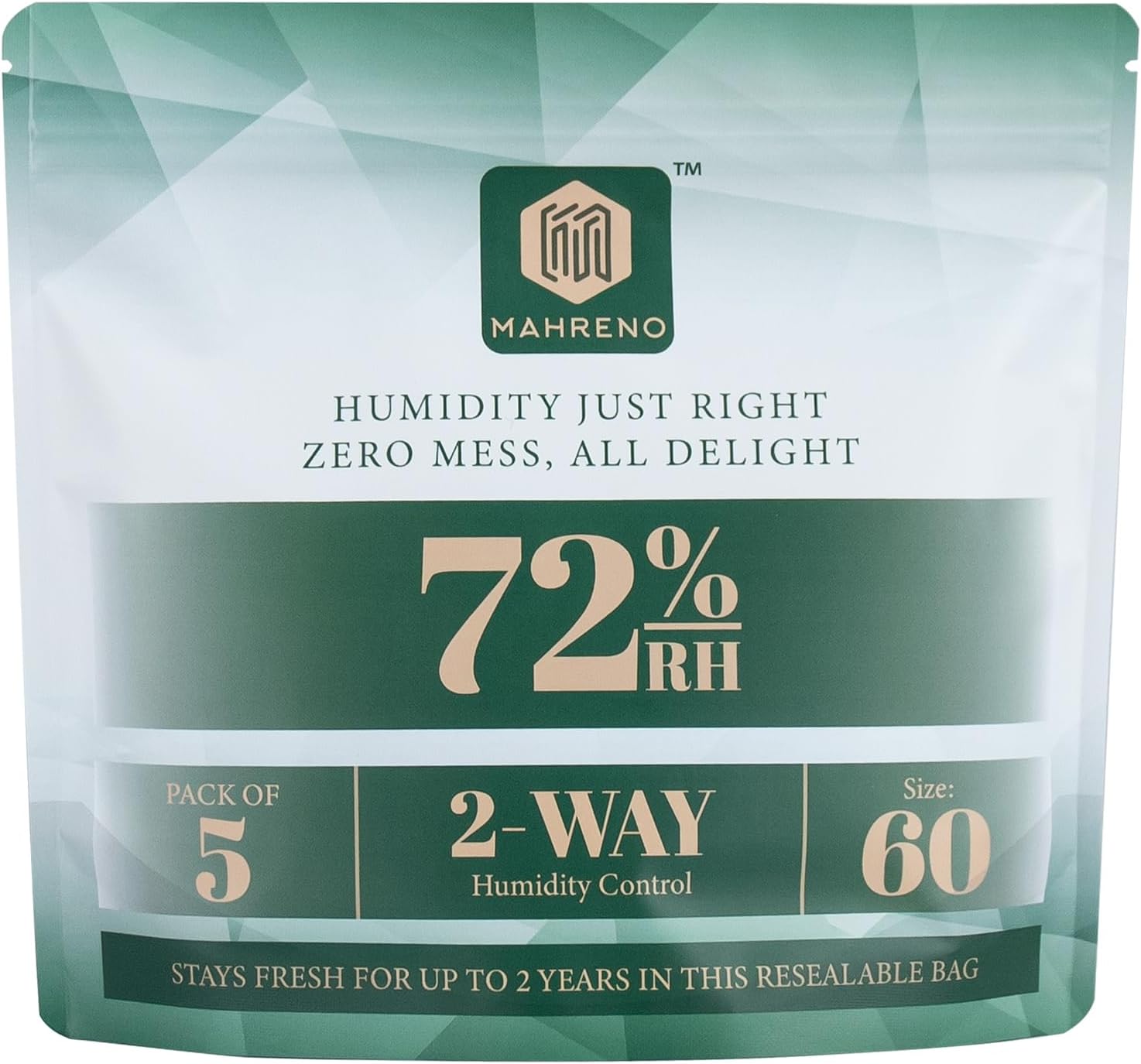 72% Two-Way Humidity Control Packs | Long-Lasting Moisture Regulation for Humidifier Boxes | 5-Pack, 60g each in Resealable Bag