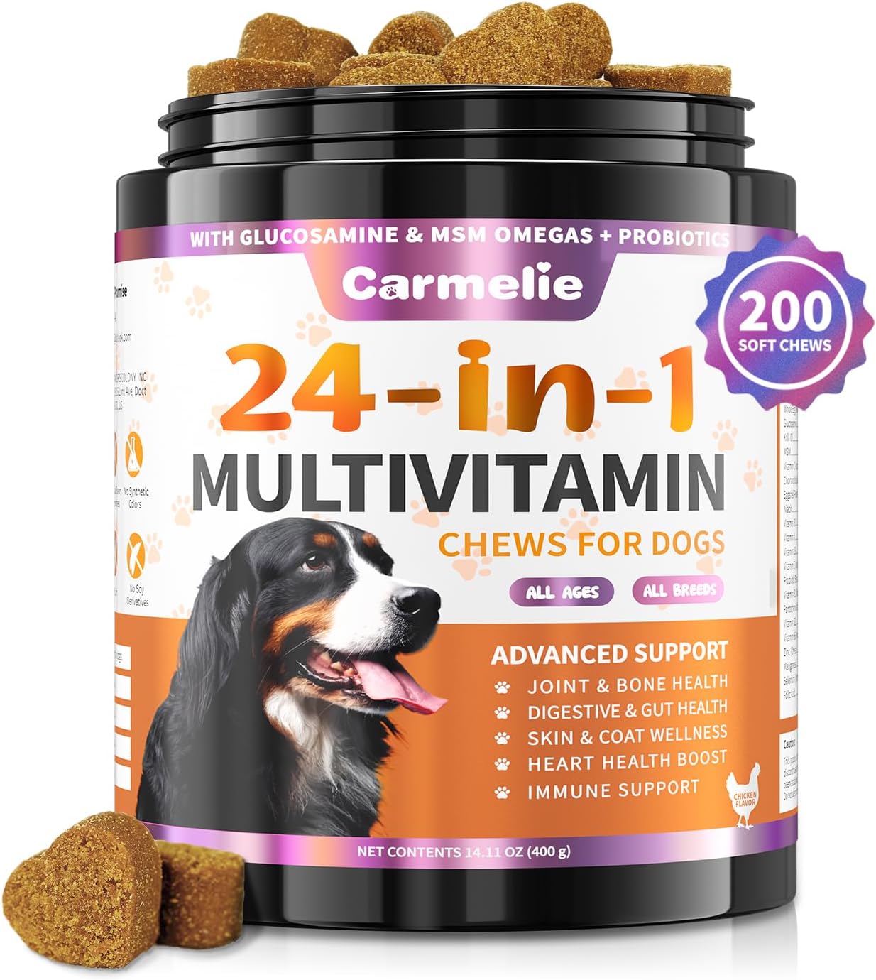 Carmelie 24 in 1 Dog Multivitamin Supplements - 200 Chewable - Senior Puppy Natural Dog Vitamins and Supplements - Hip & Joint Support, Gut & Skin Health, Immune Health, Mobility, Digestive (Chicken)