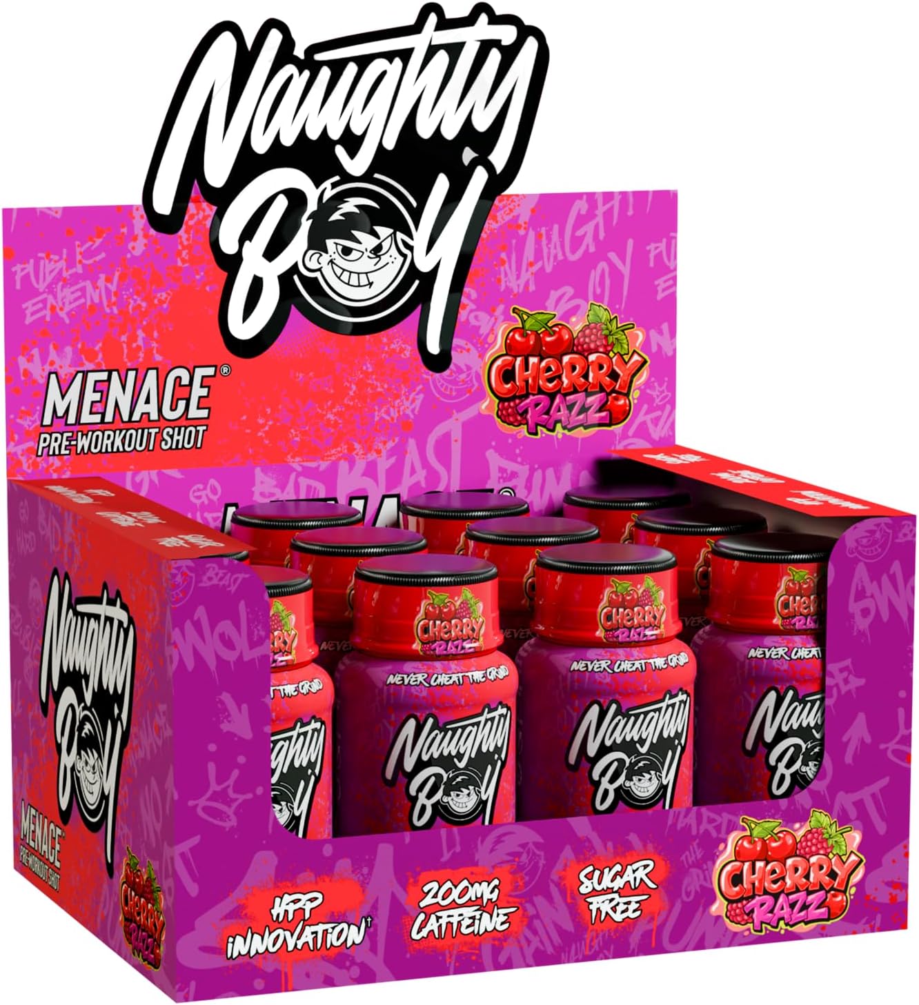 Naughty Boy Menace Pre-Workout Shot, Ready to Drink Food Supplement with Beta Alanine, Caffeine, GlycerPWR and Vitamin B3 and B12, Cherry Razz Flavour, 12-Pack, 12 x 60ml