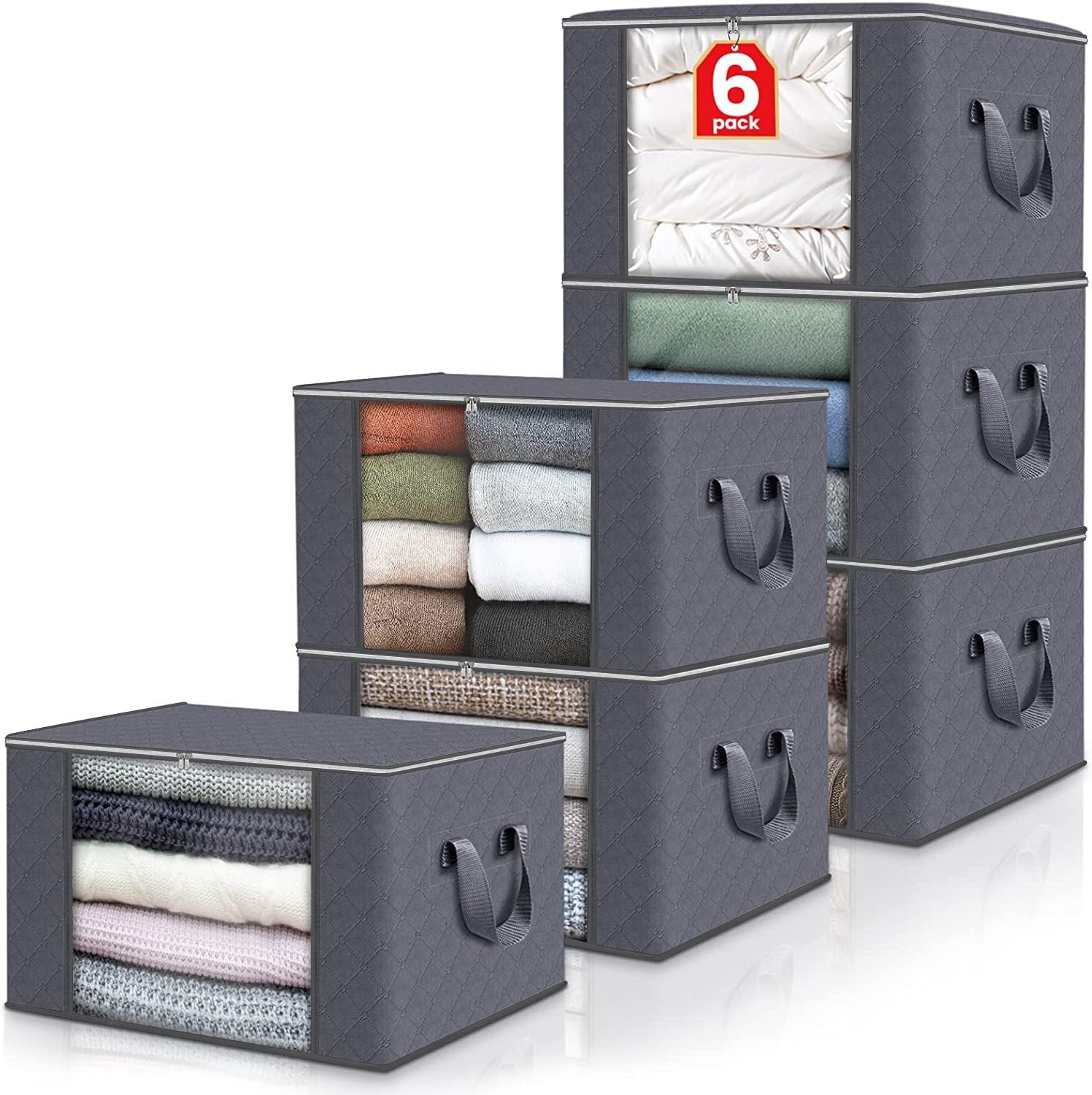 6 Pack Foldable Blanket Storage Bags, Storage Containers for Organizing Grey, stor167
