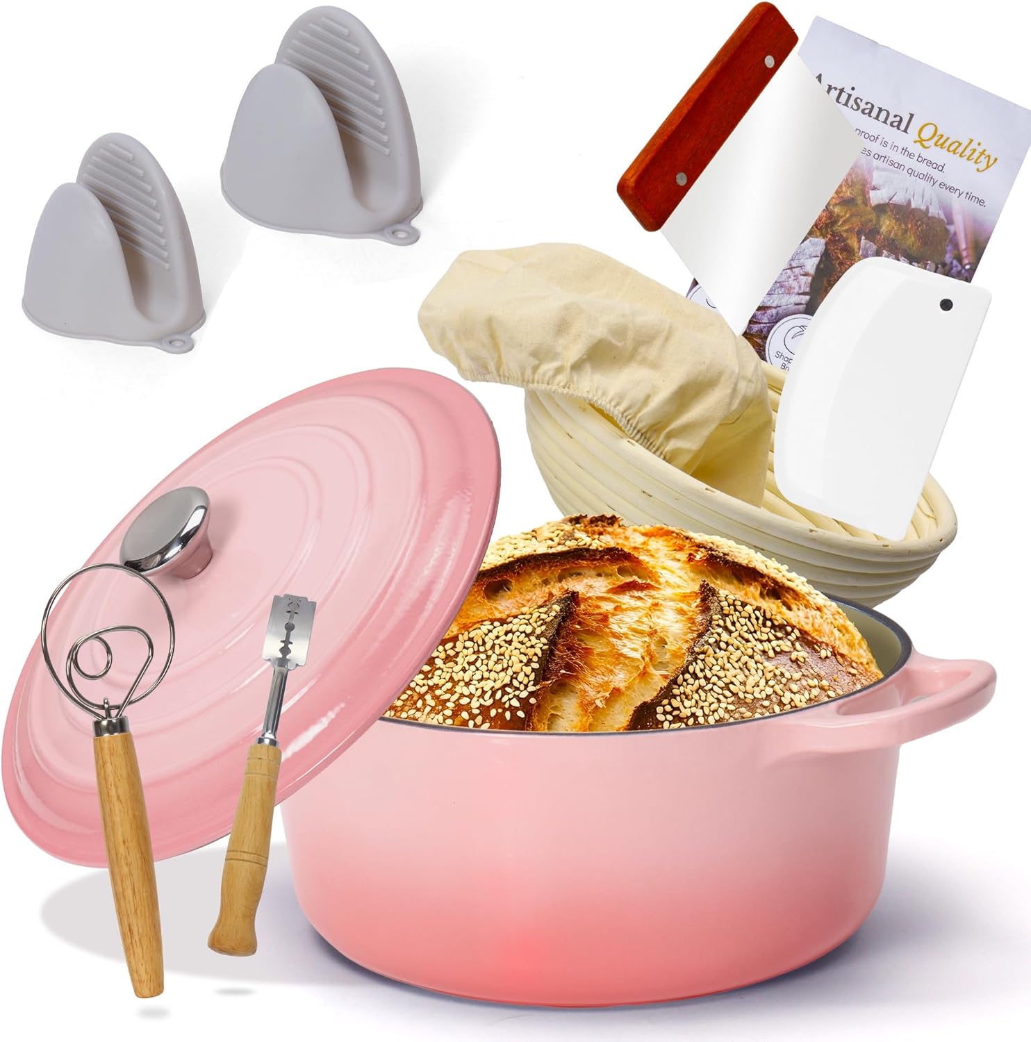 Enameled Cast Iron Dutch Oven with Proofing Basket, Non-Stick Ovenproof Casserole Pot, Pink Dutch Oven for Braising, Stews, Roasting & Bread Baking 5Litres-26cm