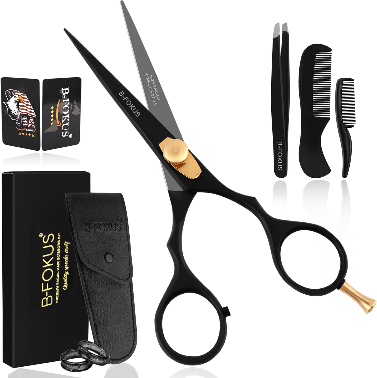 5.5” Hair Cutting Scissors for Hair, Mustache & Beard - Black Mustache and Beard Scissors for All Type Facial Hairs, Beard and Mustache Scissors with Pouch, Tweezers, Beard Comb and Mustache Comb.