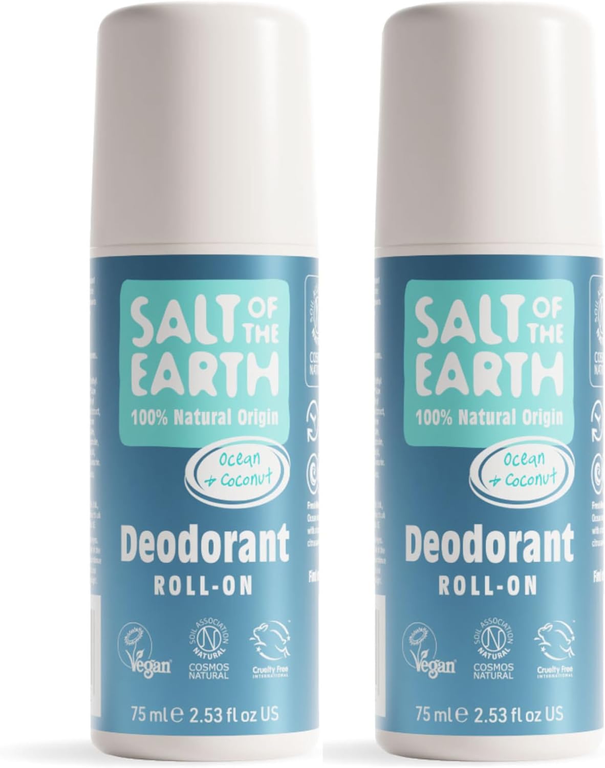 Salt of the Earth - 2 Pack Natural Roll On Deodorant Bundle (2 x 75ml) - Effective Protection, 100% Natural Origin Ingredients, Vegan Unisex Roll On, Made in the UK - Ocean and Coconut