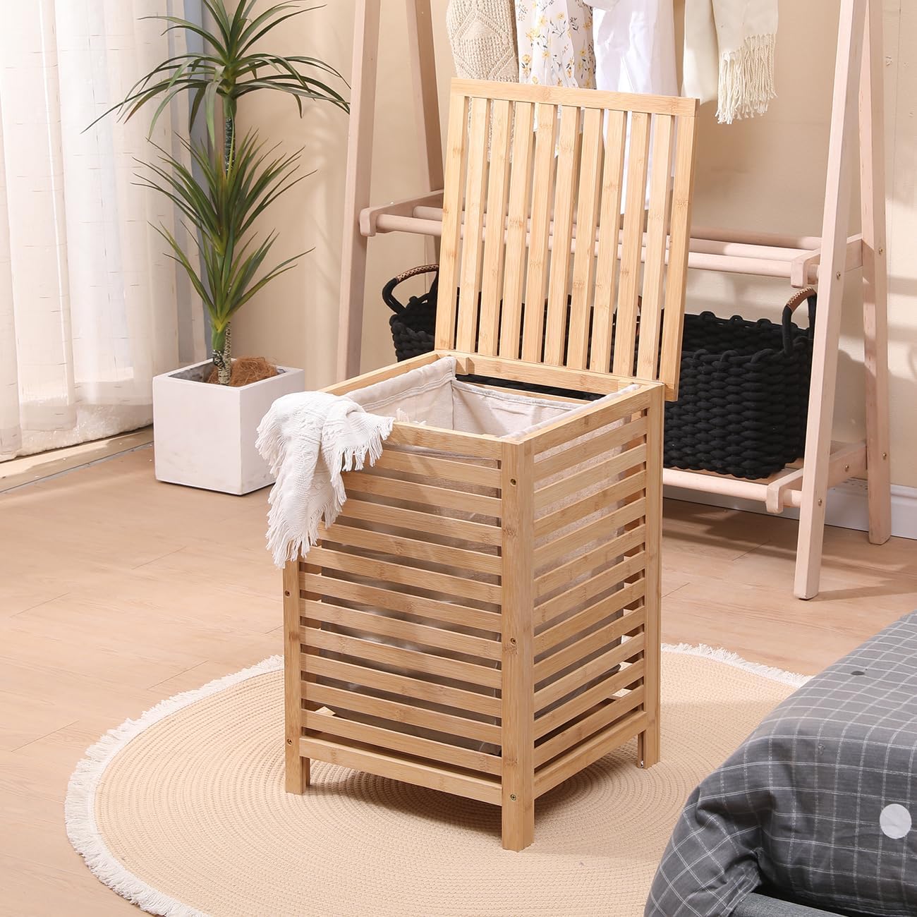 Laundry Hamper with Lid Bamboo Laundry Basket with Removable Liner Bag Dirty Clothes Hamper, 15 x 15 x 21.9 Inches