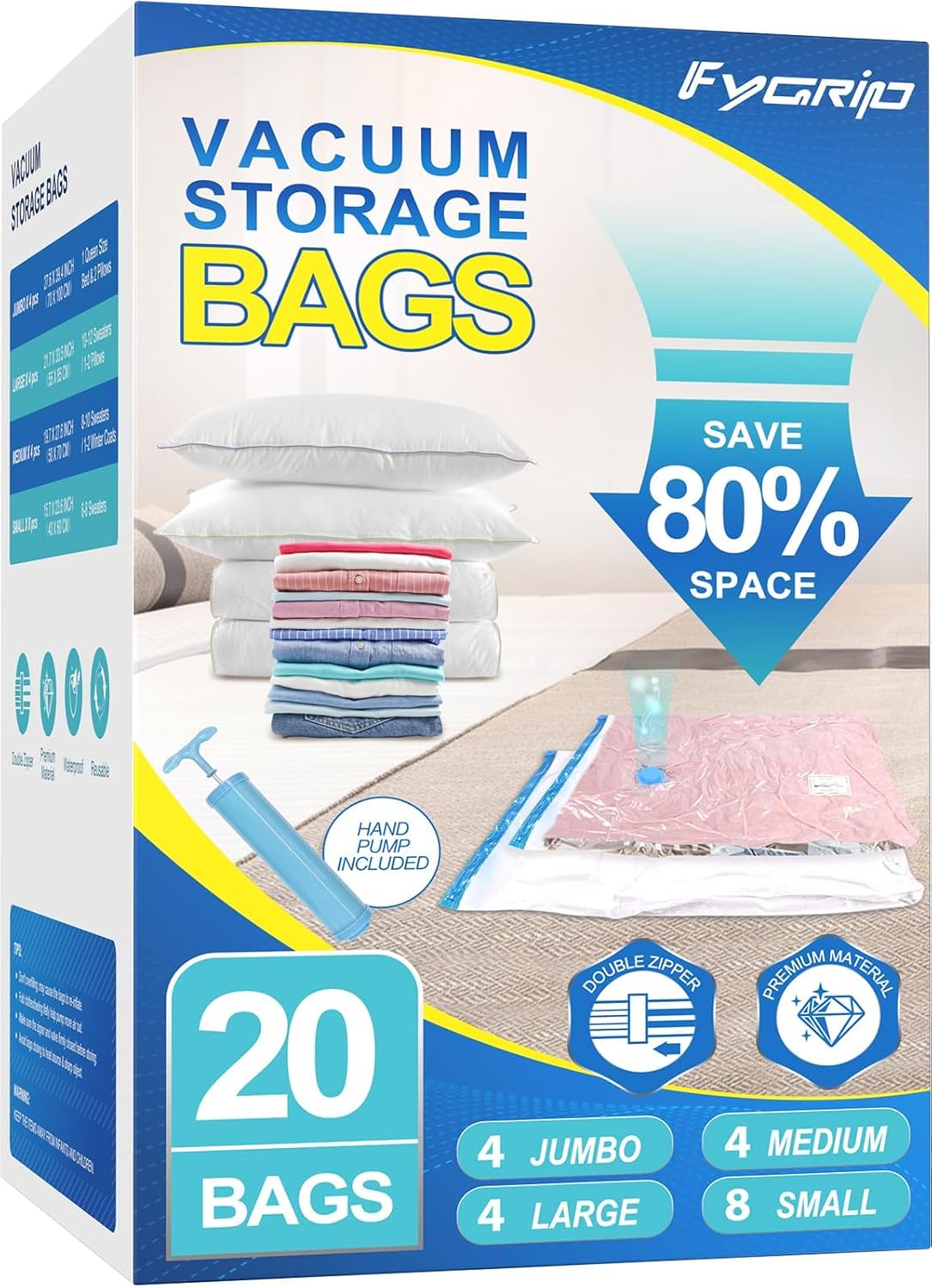 80% Space Saver Vacuum Storage Bags with Hand Pump, 20 Combo