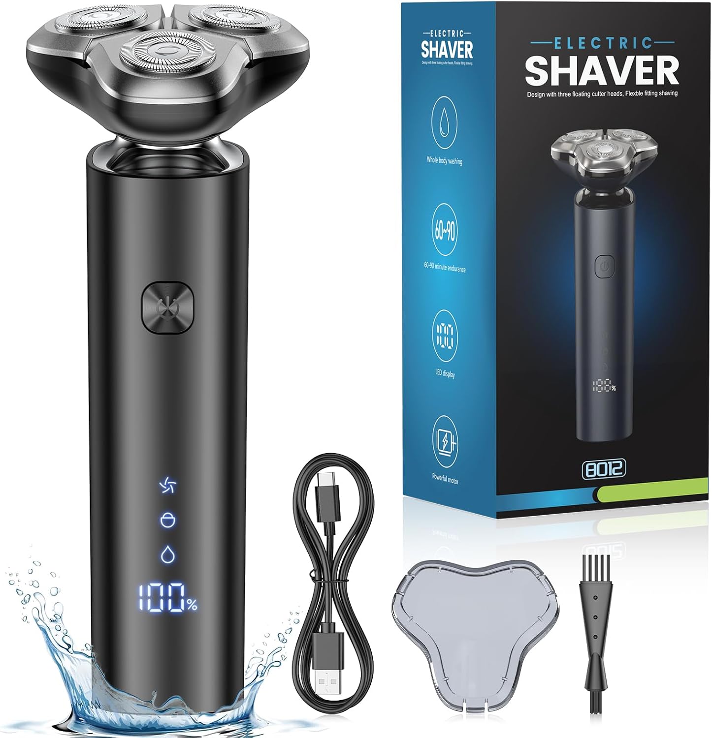 Electric Razor for Men, Men's Electric Shaver, 3-Blade Rotary Shaving System, Touch Switch, Type-C Fast Charging, LED Display, Travel Lock, 90+ Minutes Run Time
