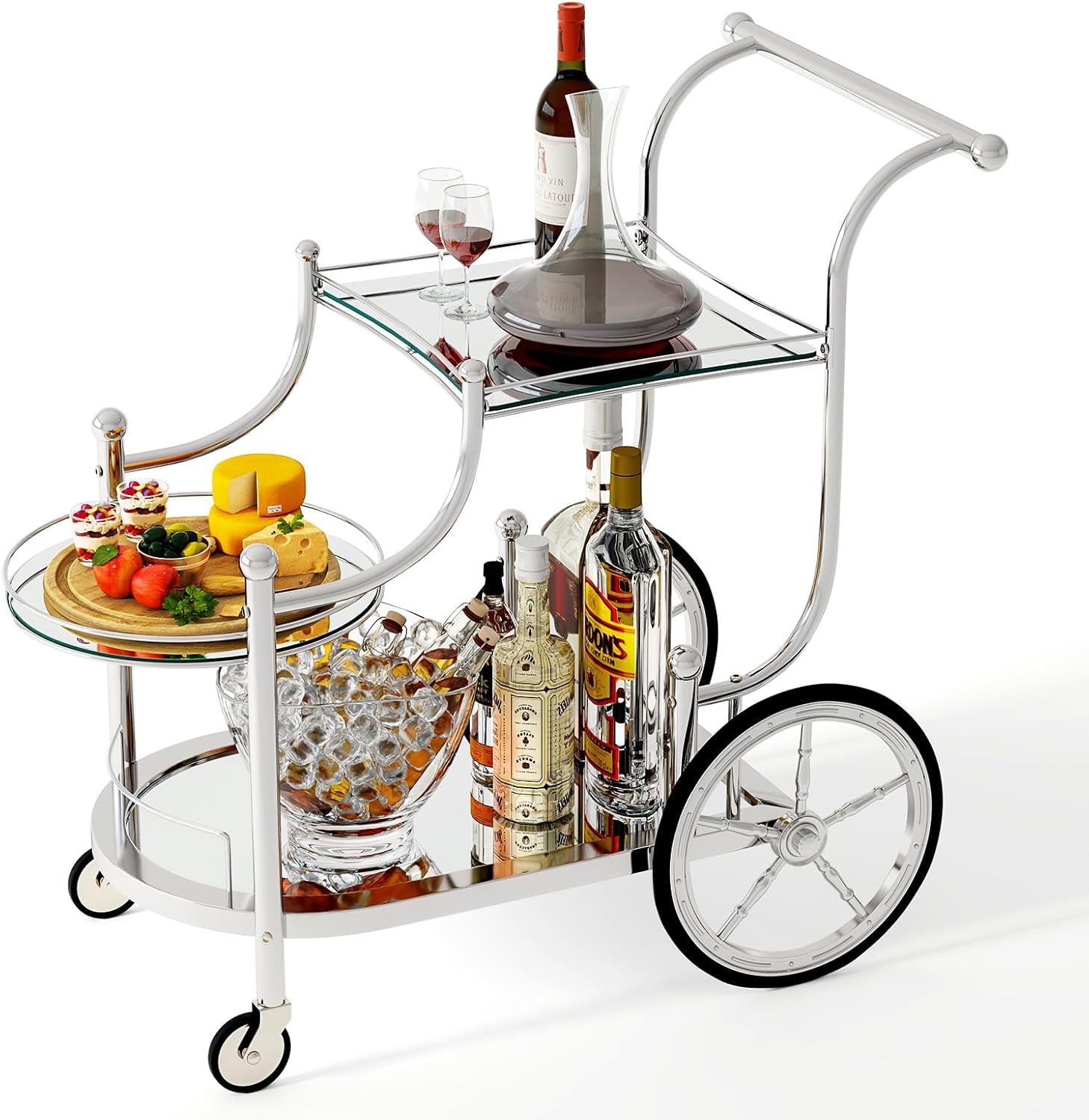 Tangkula Bar Cart, 3-Tier Rolling Home Bar Serving Cart with Mirrored Shelves & 4 Wheels, Mobile Beverage & Wine Cart for Kitchen, Dining Room, Living Room (Silver)