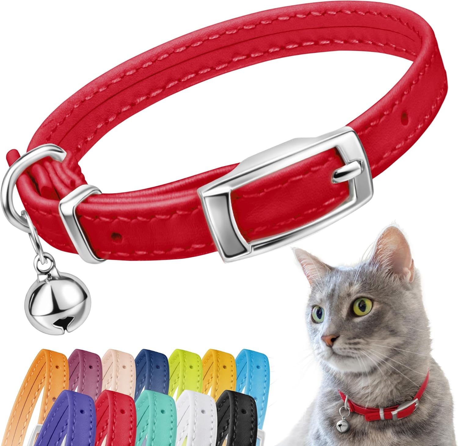 Soft Leather Cat Collar with Safety Elastic Strap