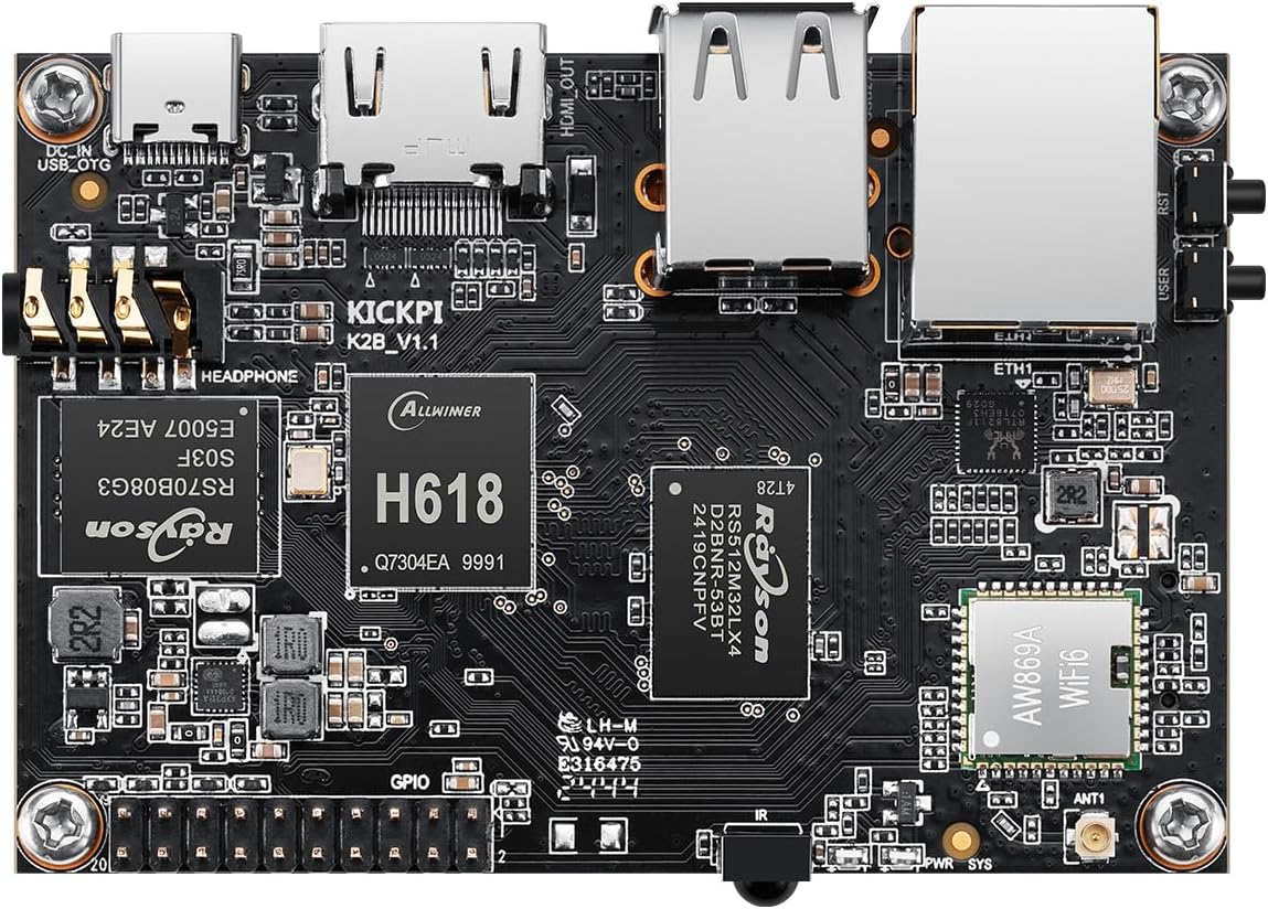 K2B Single Board Computer, Allwinner H618 Quad Core 64 Bit Development Board Up to 2.0GHz 2G LPDDR4 8G eMMC Support WiFi 5 and BT 5.2 Run Android 12.0/Ubuntu 2204 Pi Alternative