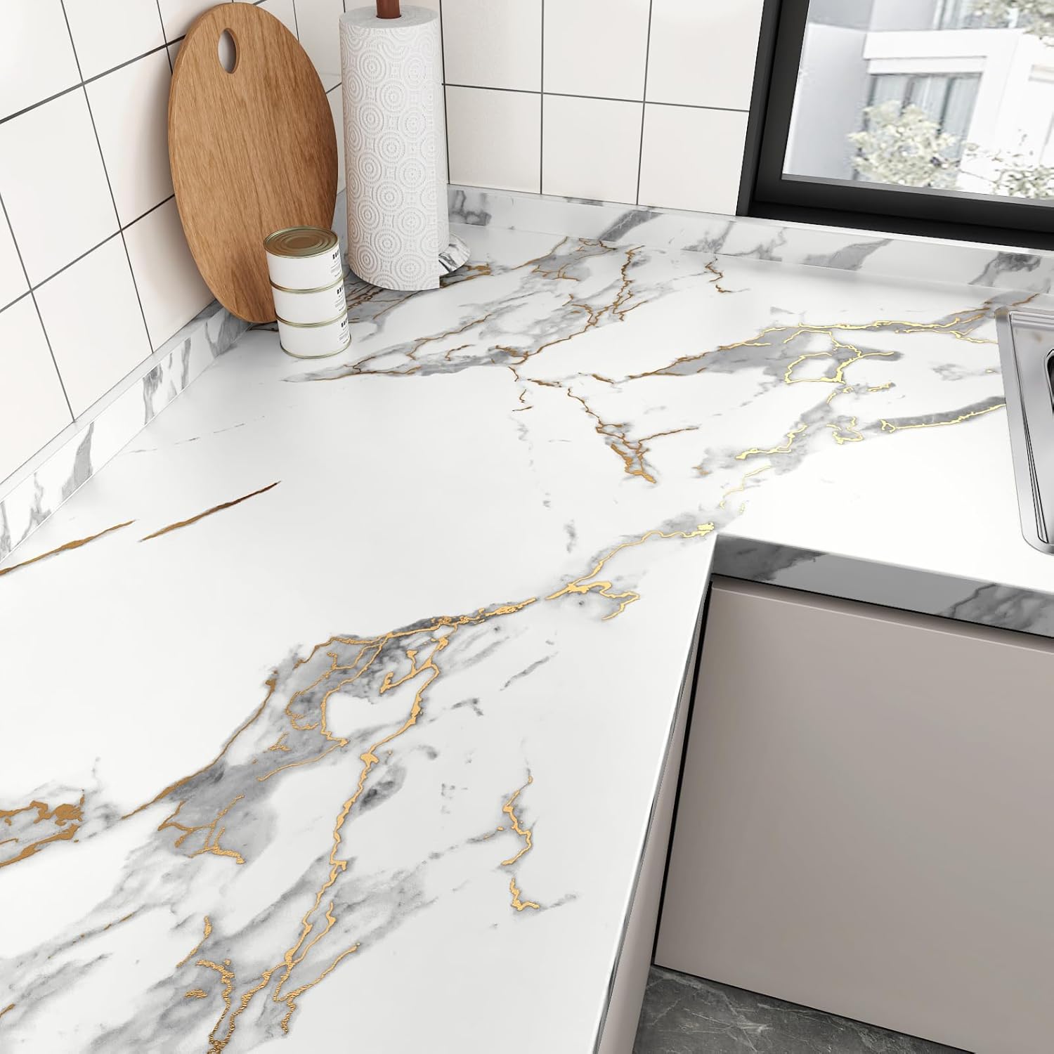WESTICK Matte White Gold Marble Conatct Paper Self Adhesive Thick Marble Wallpaper Peel and Stick Countertops Waterproof Vinyl Countertop Contact Paper for Cabinets Table Kitchen Backspalsh 17.7"x80"