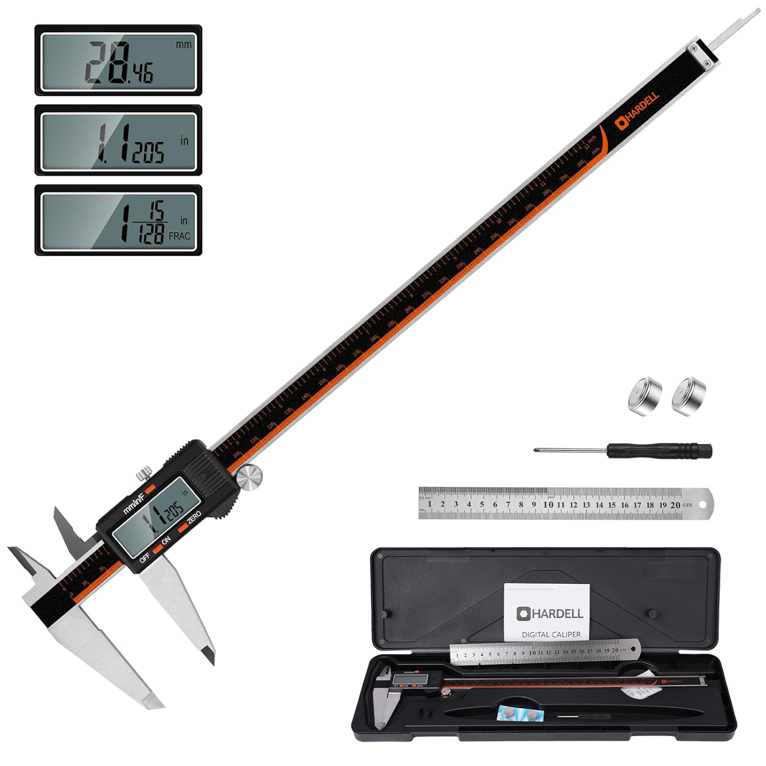 HARDELL Digital Caliper 12 Inch, Stainless Steel Caliper Measuring Tool with Large LCD Screen, Auto-Off Feature, Inch/Millimeter, Electronic Vernier Caliper for DIY, Jewelry, Parts, 3D Printing