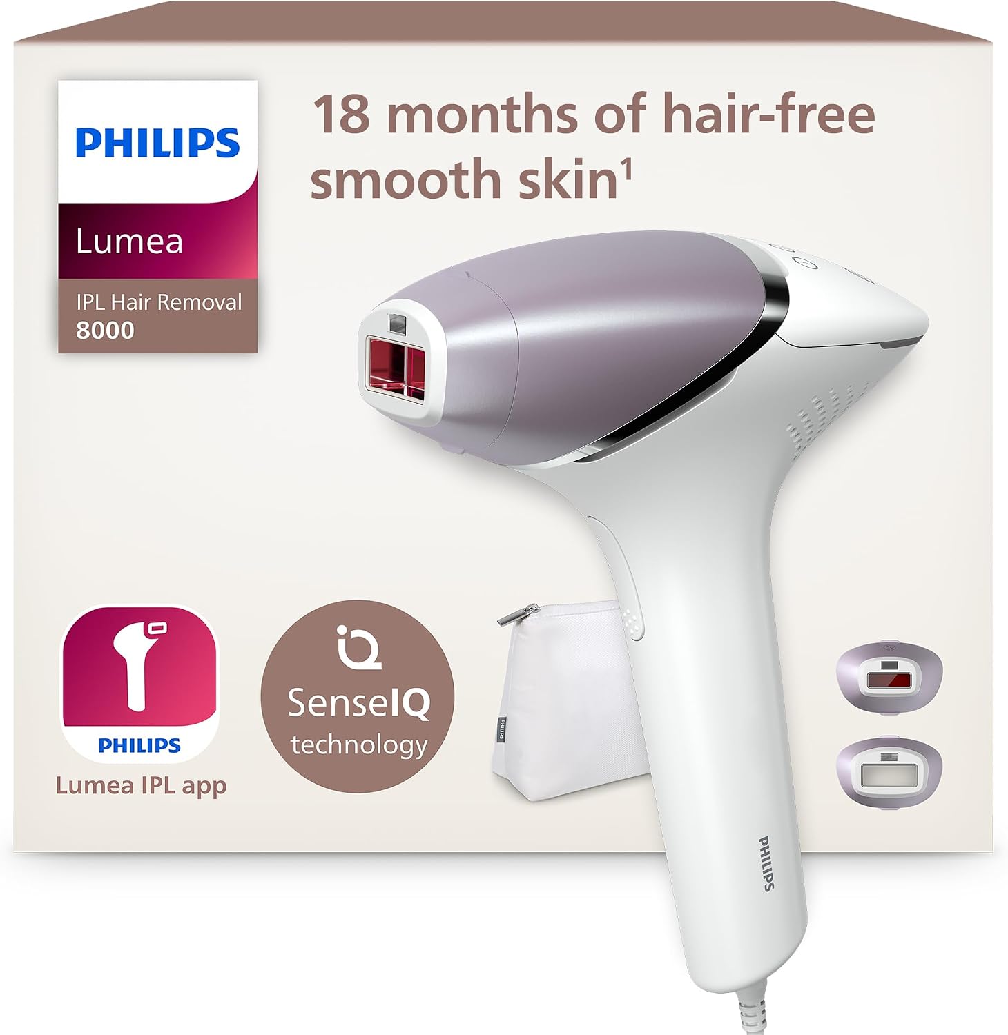 Philips Lumea 8000 Series, IPL Hair Removal Device, Laser Hair Removal Alternative, SenseIQ Technology, 2 Attachments for Body and Face, Model BRI944/00