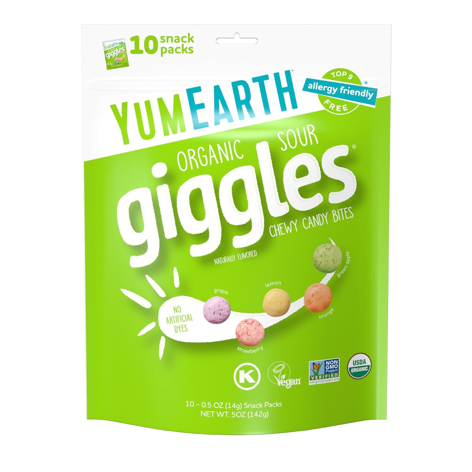 YumEarth Organic Sour Giggles Chewy Candy - Allergy Friendly (Top 9 Free), No Artificial Dyes or Flavors, Non GMO, Gluten Free, Vegan - Individually Wrapped Sour Snack Packs - 0.5 Ounce (Pack of 10)