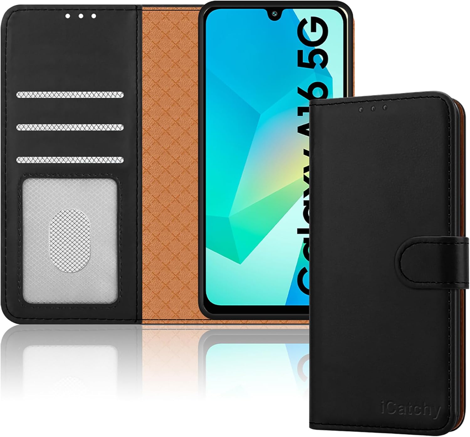 iCatchy for Samsung A16 Case – Leather Wallet Cover, Book Flip Folio with Kickstand, Magnetic Closure, RFID Blocking, Shockproof Protection for Galaxy A16 5G / A16 (Black)
