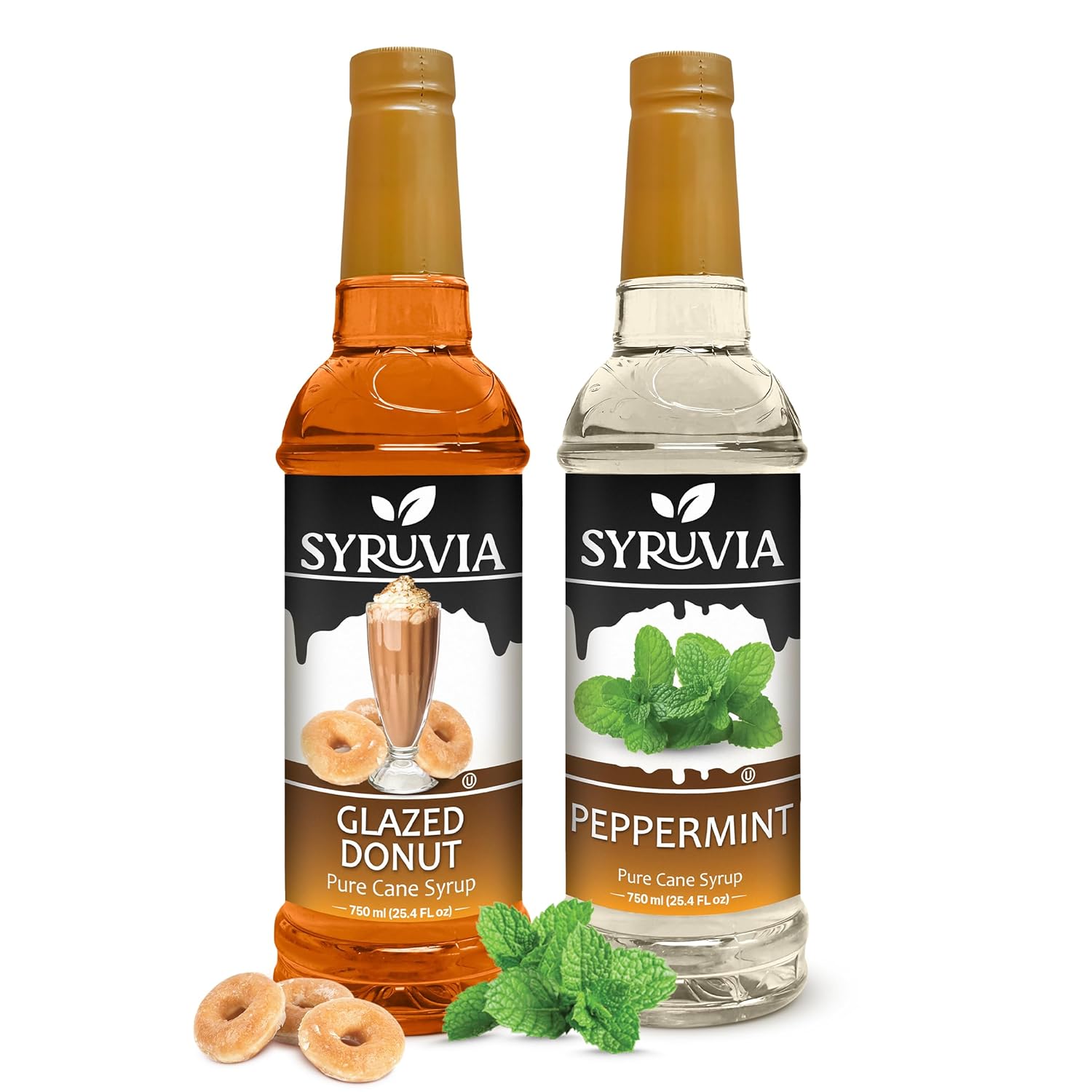 Syruvia Glazed Donut & Peppermint Coffee Syrup - 25.4 fl oz Premium Coffee Flavoring Syrup. No Coloring, Kosher, and Gluten-Free. Perfect for Drinks, Sodas, Shakes, Desserts, & More.