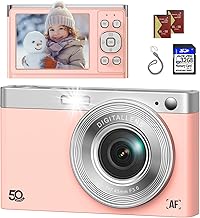 Digital Camera, FHD 50MP 1080P Autofocus Camera, Digital Point and Shoot Camera Vlogging Camera with 16X Zoom Anti Shake, Compact Camera for Boys Girls Kids Camera with 32GB SD Card, 2 Batteries-Pink