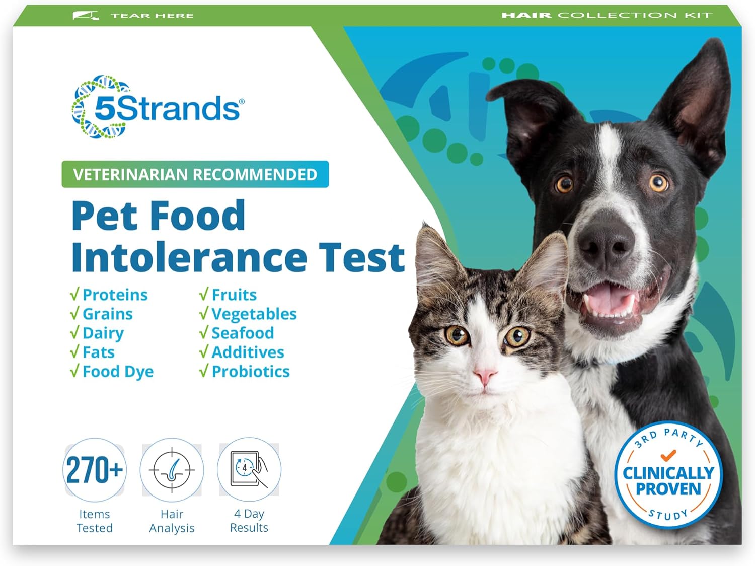 5Strands Pet Food Intolerance Test, at Home Sensitivity Test for Dogs & Cats, 270 Items, Hair Analysis, Accurate for All Ages and Breed, Results in 7 Days - Protein, Grain, Fruit, Preservatives