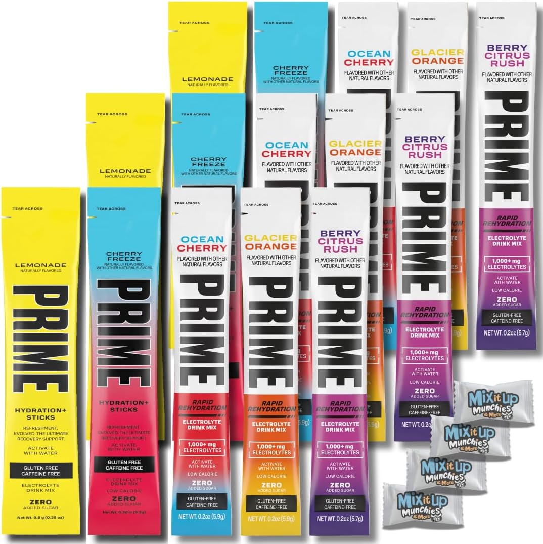 Prime Hydration+Electrolyte Sticks with Rapid Rehydration Sticks Variety Pack – 5 Flavors 15 Powder Packets for Instant Hydration | + 4 MIMM Mints | Bundled by Mix It Up Munchies | Healthy Gift Box