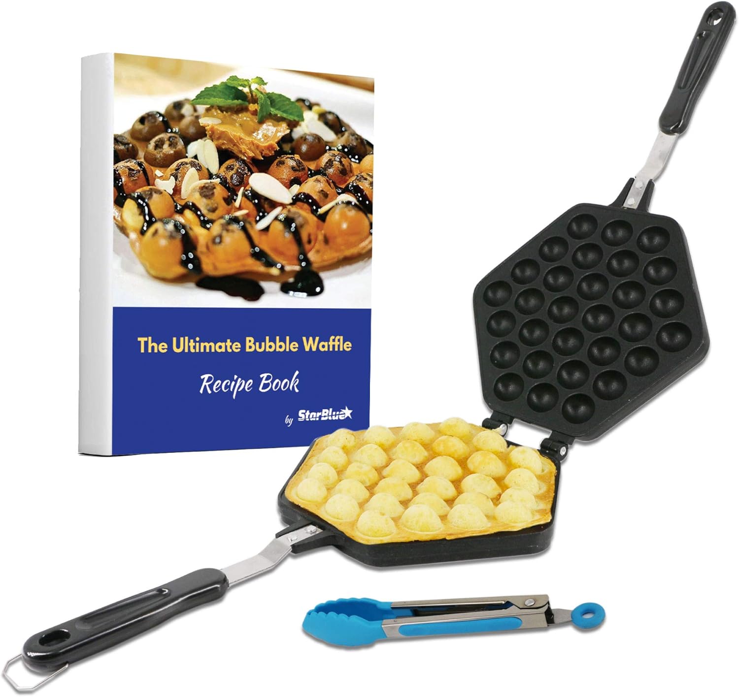 Bubble Waffle Maker Pan by StarBlue with Free Recipe ebook and Tongs - Make Crispy Hong Kong Style Egg Waffle in 5 Minutes