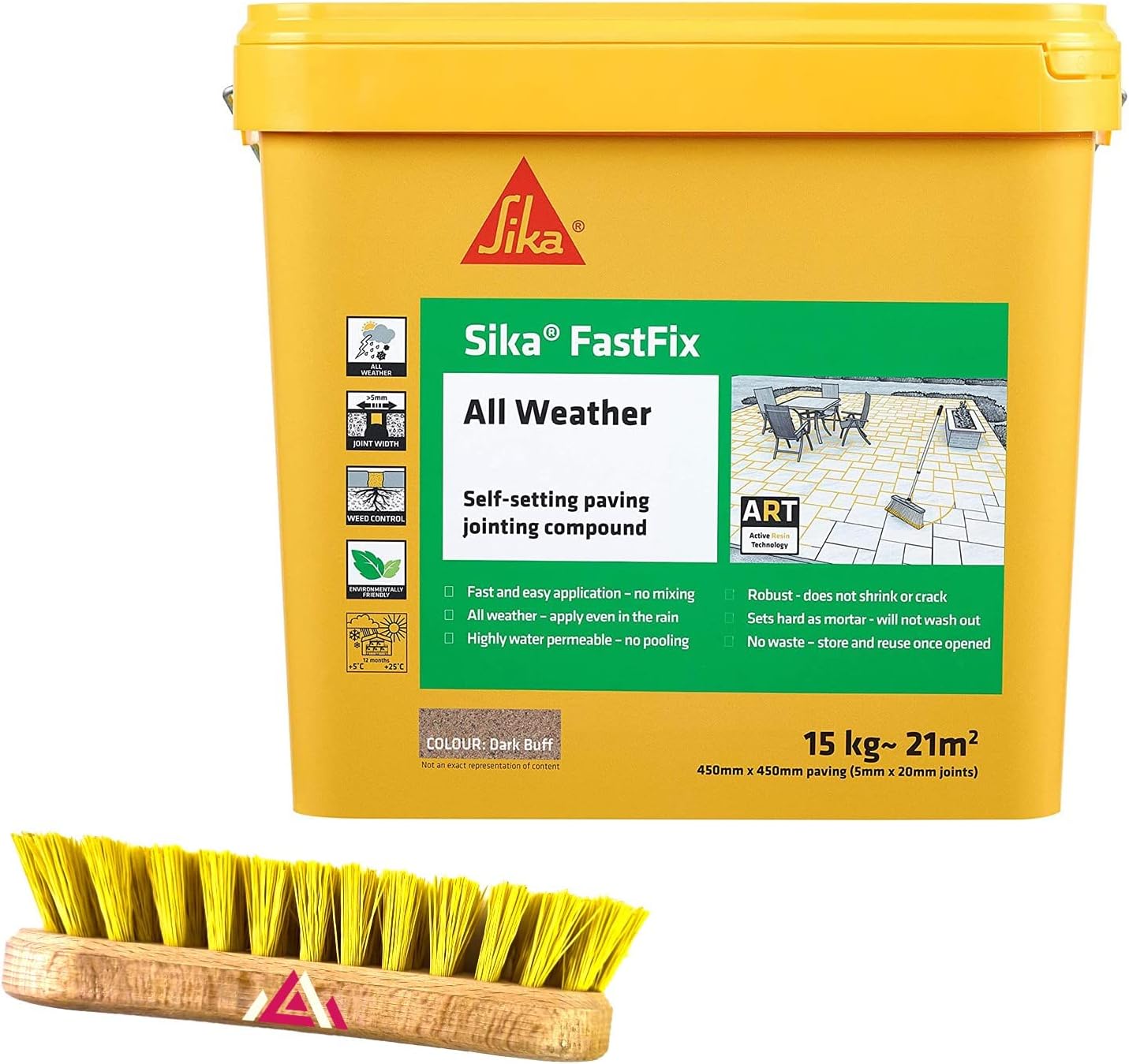 Sika Fast Fix All Weather | Ready to Use, Self-Setting Paving Jointing Compound for Any Weather, Suitable for Stones Setts, Paving Block and Footpaths With Scrub Brush 15kg - 21 sq.m (Dark Buff)