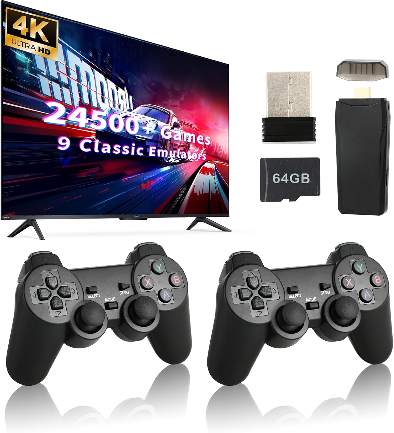 Retro Game Console, Wireless Retro Game Console, 24500+ Games Built-in, 4K HDMI Output, 9 Emulators, Dual 2.4GHz Wireless Game, Plug and Play Video TV Games, Deep Black(64G)