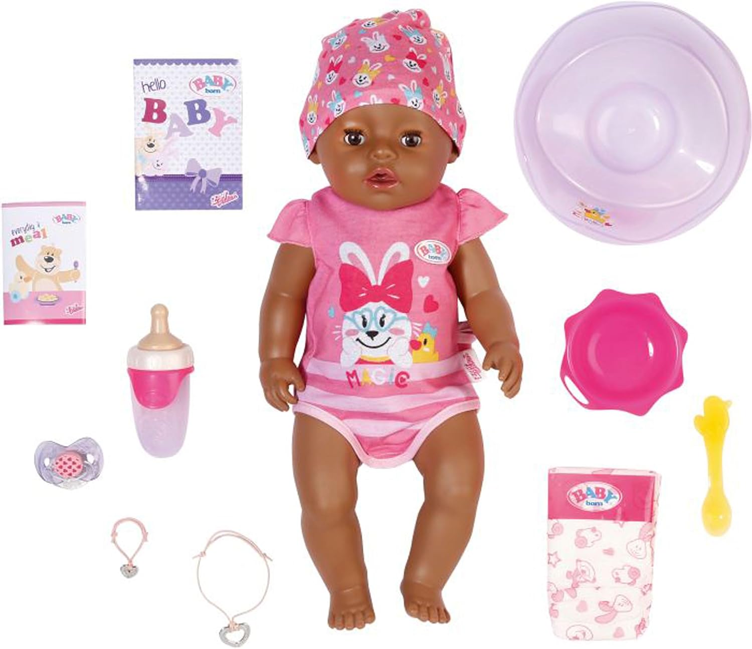 BABY born 827970 43cm w Dummy-Realistic Doll with Lifelike Functions-Soft to The Touch, Flexible Body-Eats, Sleeps, Cries & Uses The Potty-11 Accessories-Pink, Magic Girl Brown Eyes